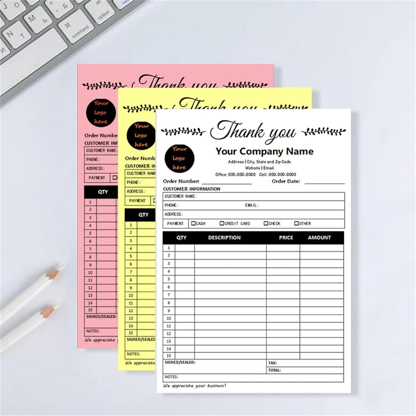 Custom Invoice Book in 3-Part /2-Part Receipt Book with Carbon Copies Personalized Carbonless Service Invoice Form Books Sales Order Book with Company Name Logo Address,C1-Thank You Receipt