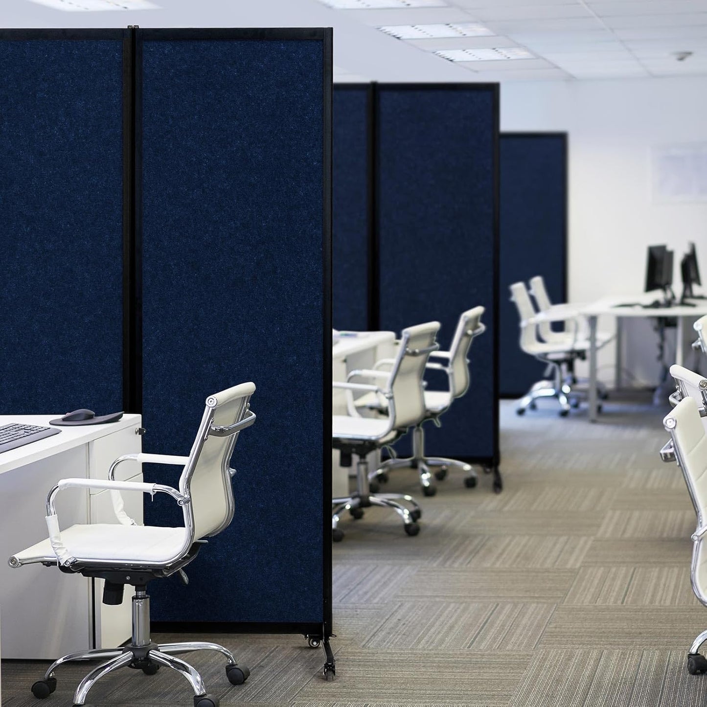 Upgrade Version Room Partition and Divider, Freestanding Rolling Dividers with Wheels,Office Privacy Screen Divider Wall,Classroom Felt Dividers,12'2"L* 6'7"H,6 Panel，Blue