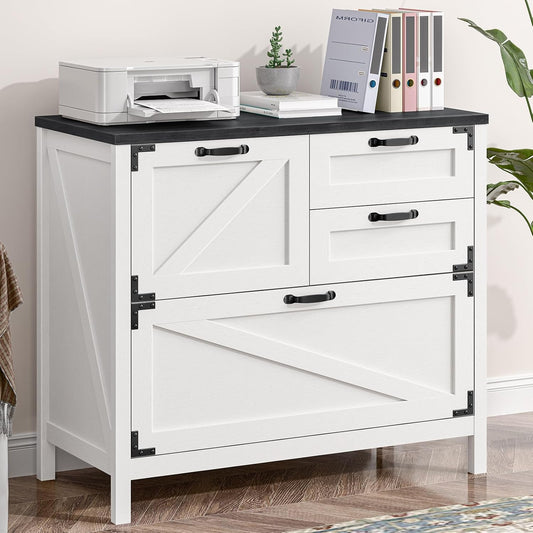 4-Drawer Wood Lateral File Cabinet for Hanging Files Letter/A4/Legal Size, Large Farmhouse File Cabinets for Home Office, Printer Stand with Office Cabinet, White and Black