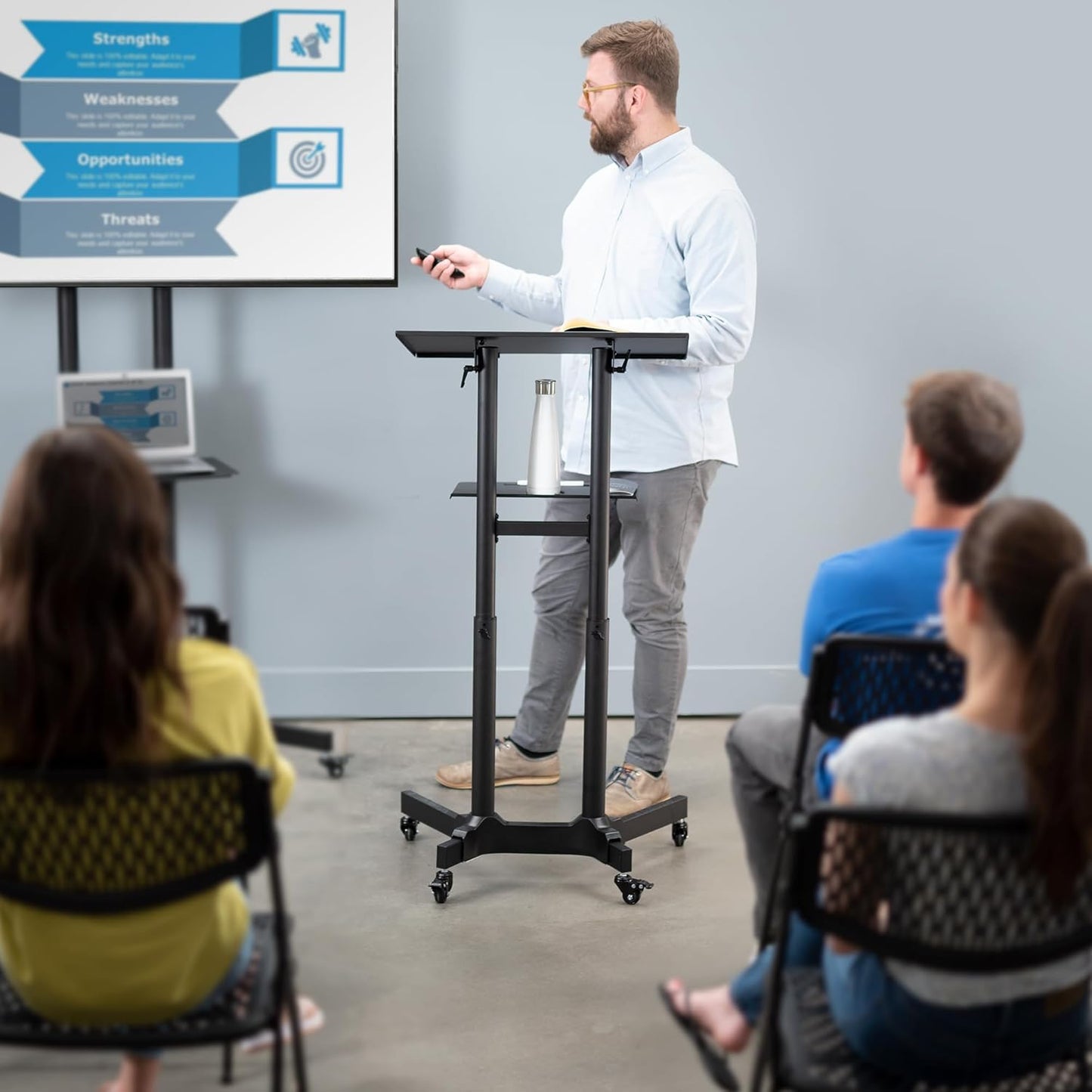 VIVO Mobile 24 x 16 inch Lectern Podium, Height Adjustable Steel Rolling Laptop Cart on Wheels, Black, CART-V03E