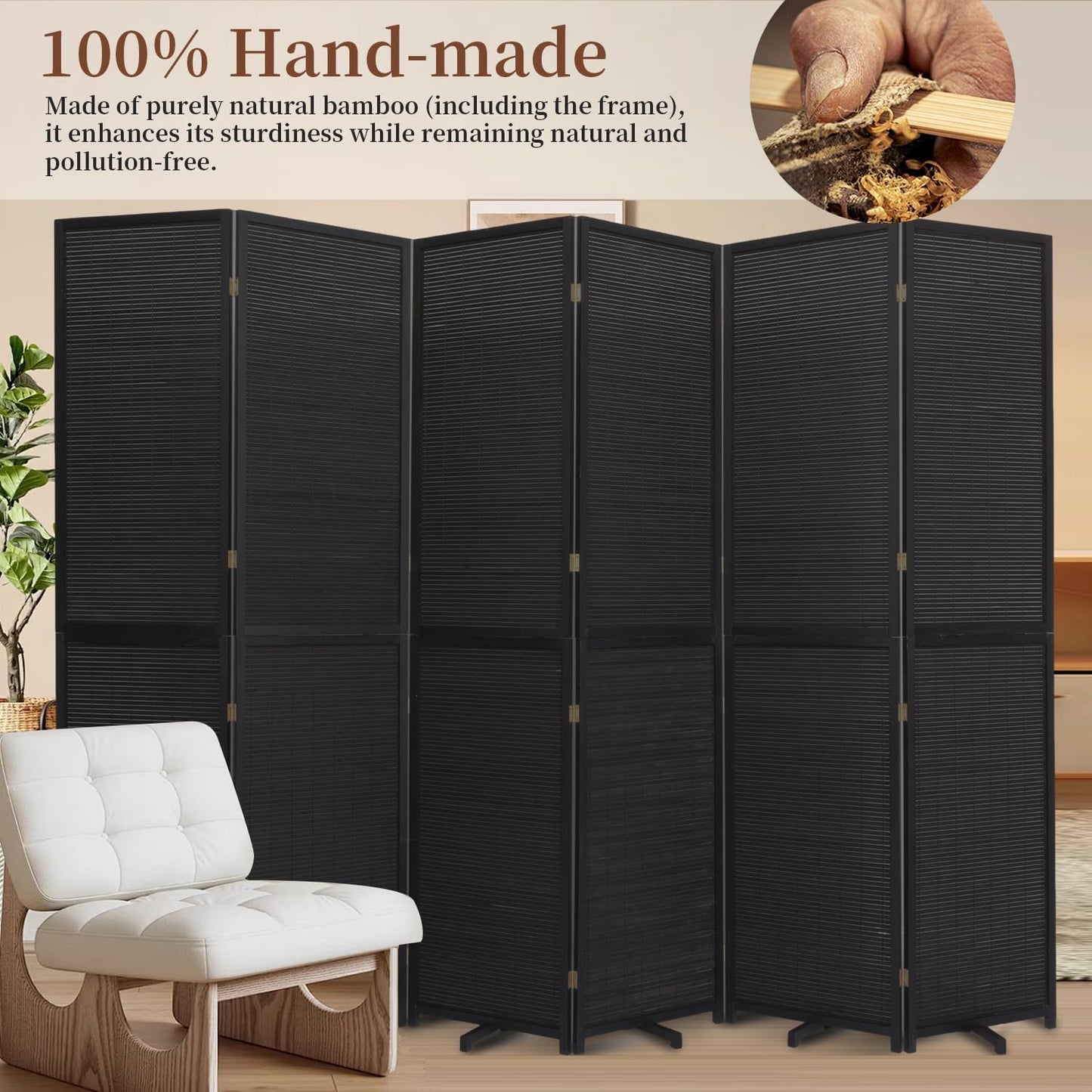 Bamboo Room Divider 6 Panel Wall Divider, 106'' W x 67'' H Folding Design with Extra Stable Base, 100% Bamboo Room Divider Screen for Room Separation, Chinese Room Partitions and Dividers Freestanding