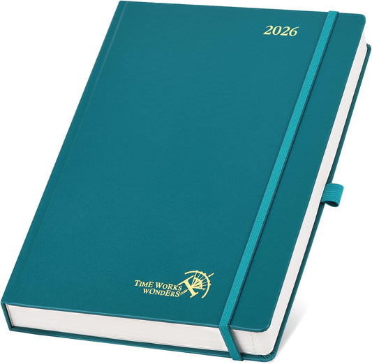 POPRUN 2026 Daily Planner One Page Per Day Even Weekends A4 Large Size (8.5" x 12") - 12 Months Calendar Hourly Appointment Book with Inner Pocket, Pen Holder, Hardcover - Pacific Green