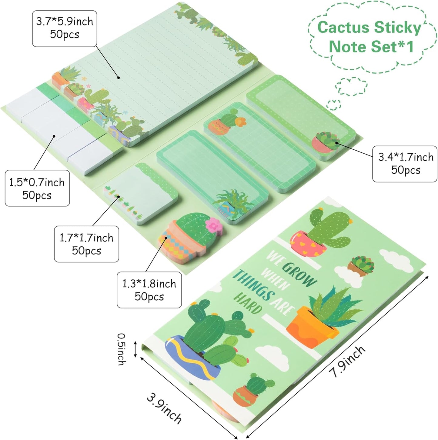 Xqumoi We Grow When Things are Hard Sticky Notes Set, 550 Sheets, Cute Cactus Shaped Self-Stick Notes Pads Plant Divider Tabs Bundle Writing Memo Pads Back to School Office Supplies Small Gift