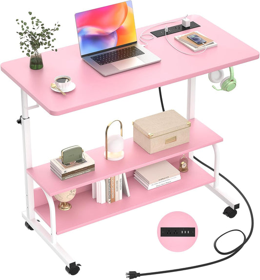 Armocity Height Adjustable Standing Desk with Power Outlets, 32" Manual Stand Up Desk with Storage Shelves Small Mobile Rolling Computer Desk Portable Laptop Table with Wheels for Home Office, Pink