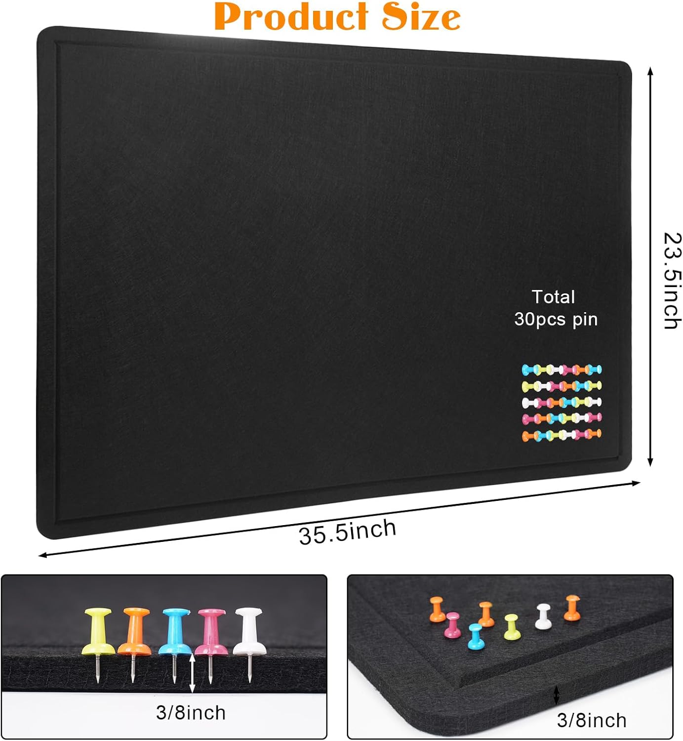 Bulletin Board, 36 X 24 inches Cork Board with 20 Pushpin, Felt Cork Board Notice Pin Board, Self-Adhesive Vision Board Mood Board Foldable Photo Board for Wall - Black