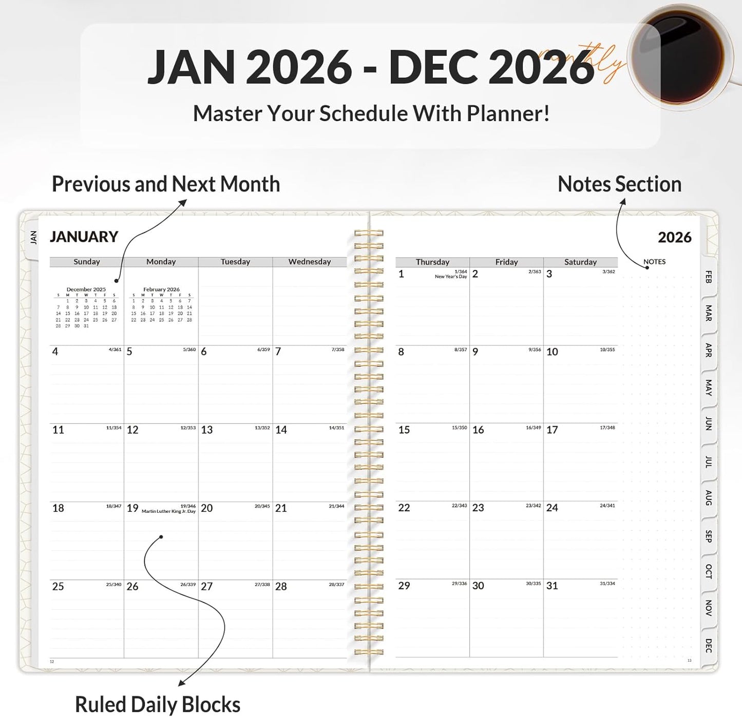 SUNEE Planner 2026 Weekly and Monthly, January 2026-December 2026, 8.5"x11", Tabs, Note Pages,Spiral Binding, Deep Green