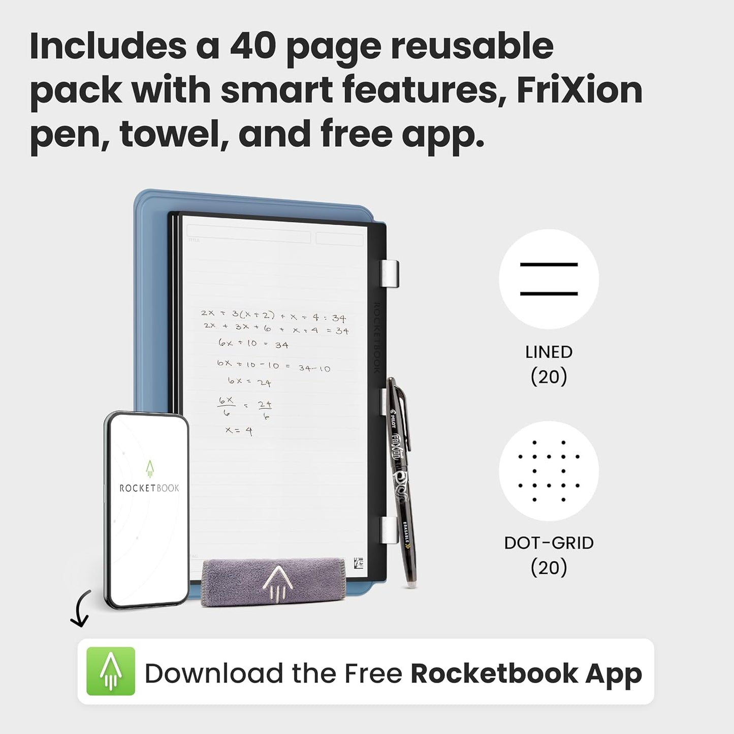 Rocketbook Pro 2.0 Reusable Professional Smart Notebook, Executive Size 7x9, Steel Blue - Lined & Dot Grid Pages, App-Connected, Erasable, Premium Cover, Ideal for Work Notes and Business Meetings
