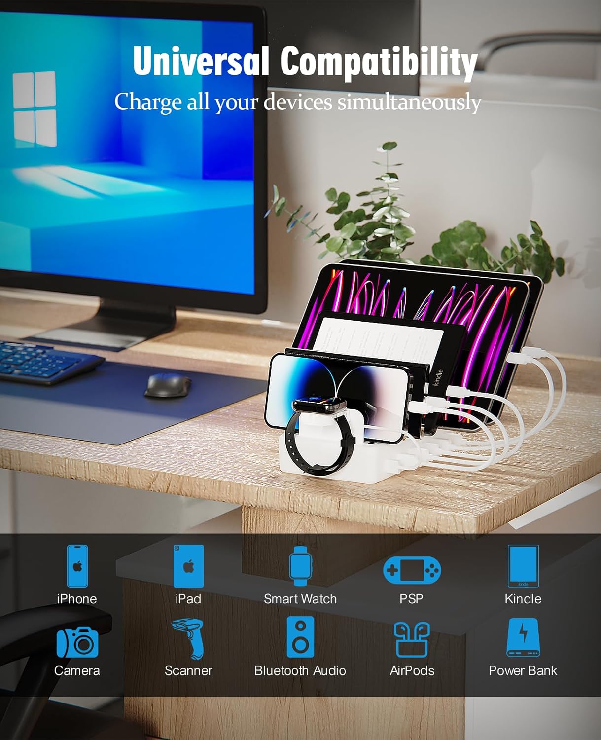 Charging Station Multiple Charger Station - 2025 New 6-Port USB Fast Charging Dock 50W Organizer Station with Watch Charger for iPhone|Android Cell Phone|iPad|Kindle|Watch|Tablet