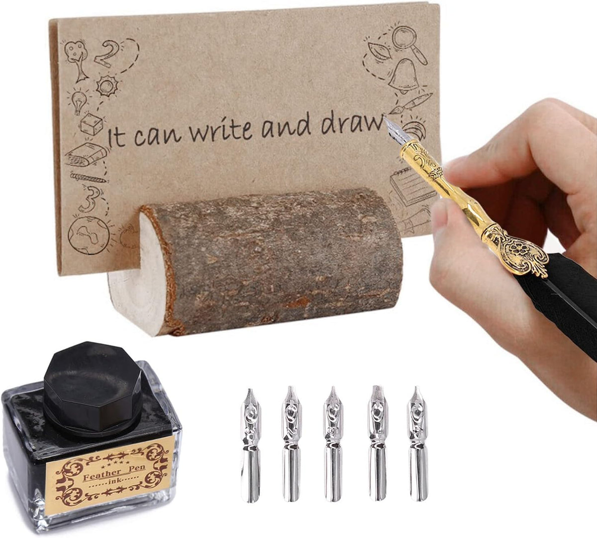 Feathe Quill Fountain Pen Ink Set, Fountain Pen Kit, Exquisite Vintage Elegant Calligraphy Inks Set with 5 Nibs 1 Base 1 Empty Bottle for Signing Writing Supplies(Without Ink) (Black)