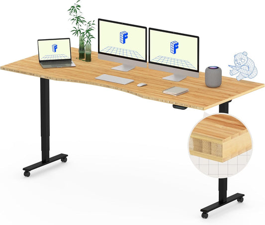 FLEXISPOT E6 MAX Bamboo Dual Motor 3 Stages Standing Desk 72x30 Inch Whole-Piece Board Electric Height Adjustable Stand Up Desk 150KG Load Capacity(Black Frame + Bamboo Curved Desktop)