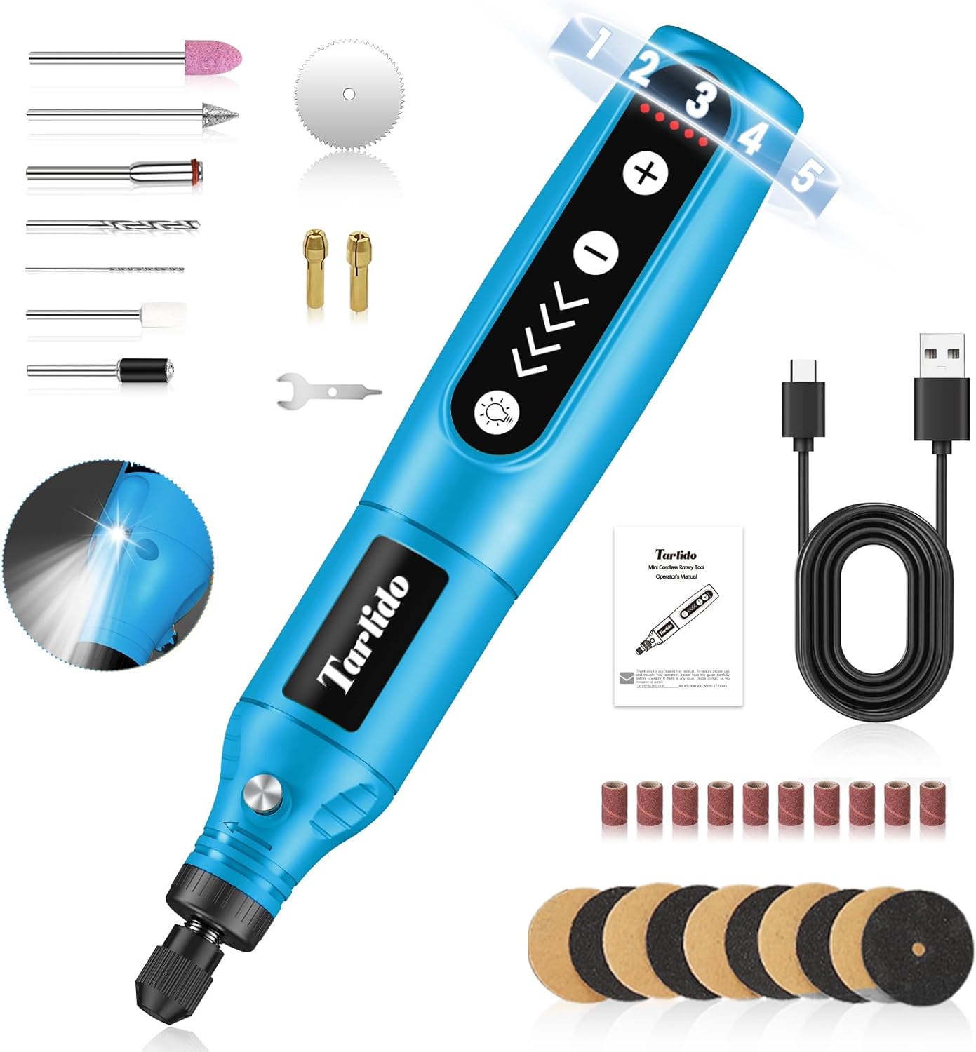 Cordless Rotary Tool Kit, 3.7V 2.0Ah Rechargeable Battery, 18000RPM 5-Speed Multi Power Carving Tools, 31Pcs Accessories, Engraving, Sanding, Grinding, Polishing, Carving, Etching, DIY-Blue ﻿