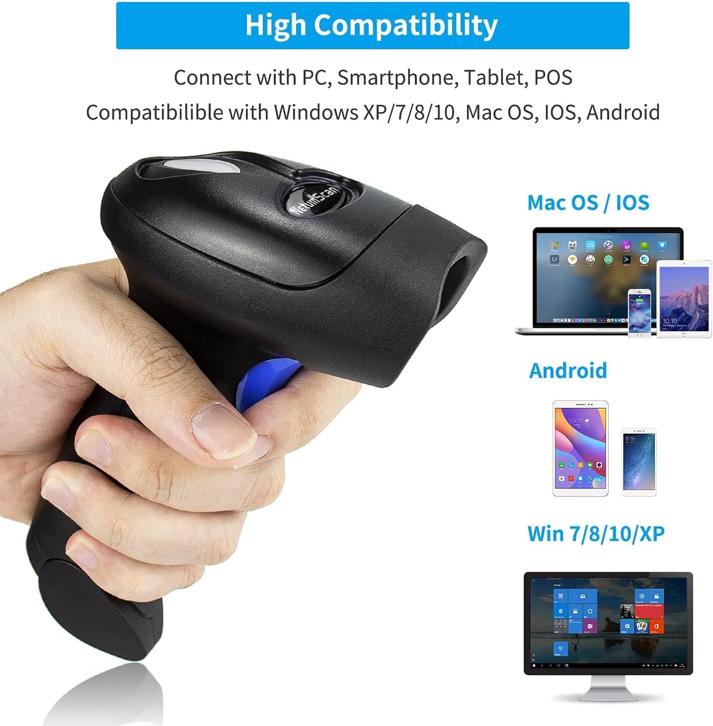 NetumScan Bluetooth CCD Bar Code Scanner with Stand, 3-in-1 Handheld Automatic 1D Barcode Reader Barcode Scanner for Computer, Tablet, iPhone, iPad, Android
