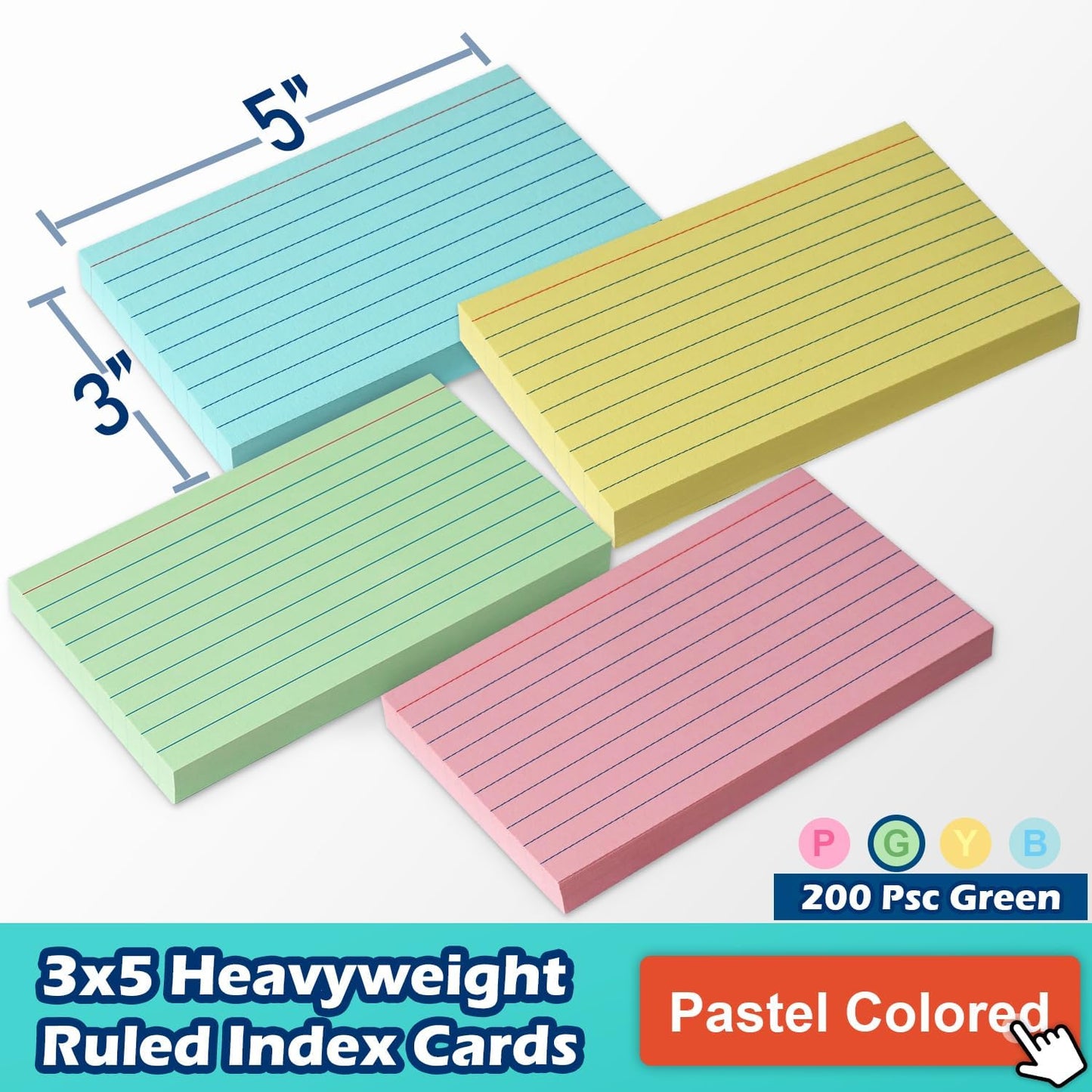 Green Lined Index Cards 3x5 Ruled Note Cards 200 Count, 180 GSM Heavy Weight
