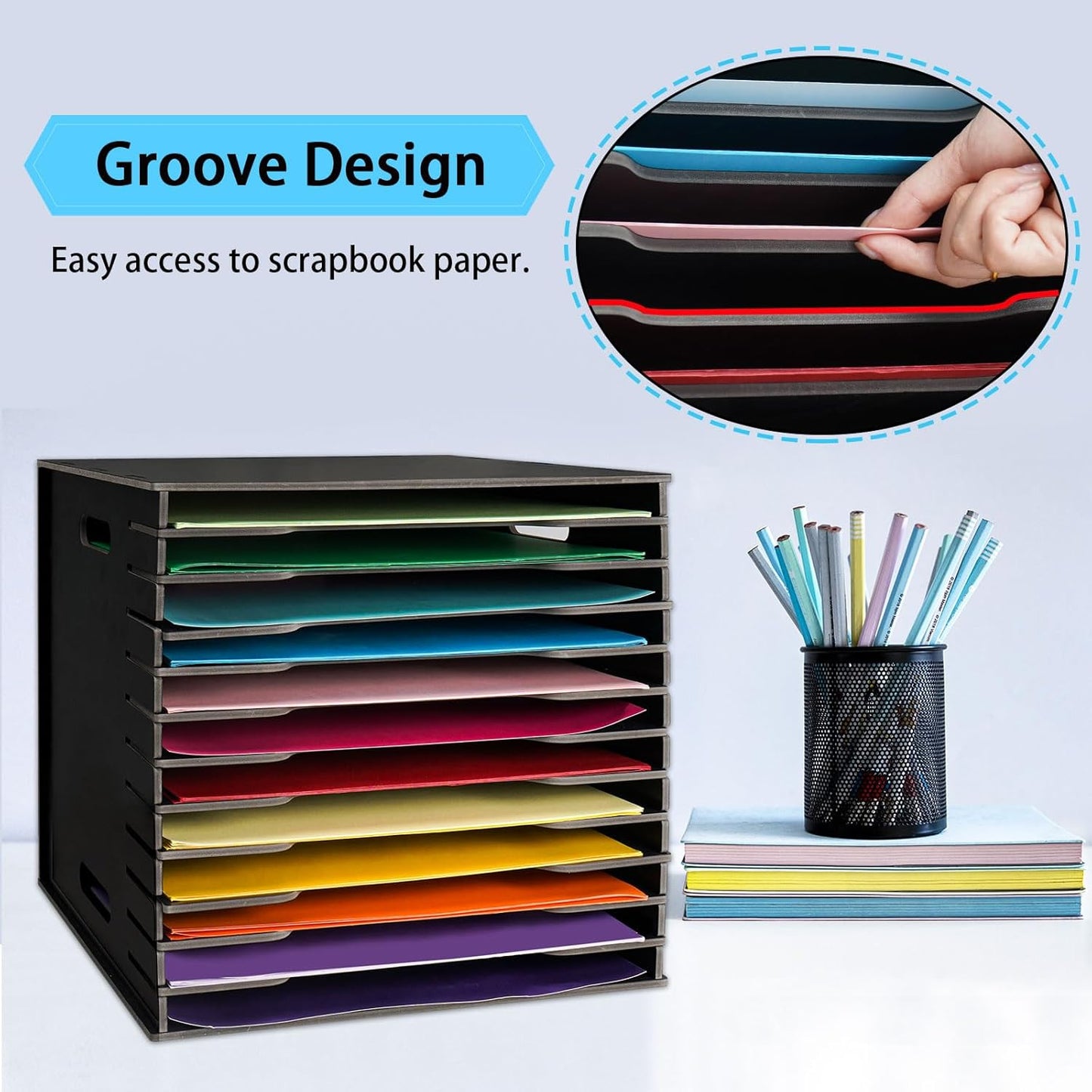 SANFURNEY Scrapbook Paper Organizer for Sizes 12" x 12", 12 Slots File Sorter Storage, Document Holder, Desktop Scrapbook Paper Organizer Rack for Home Office School (Black, 12 Slots - Standard Size)