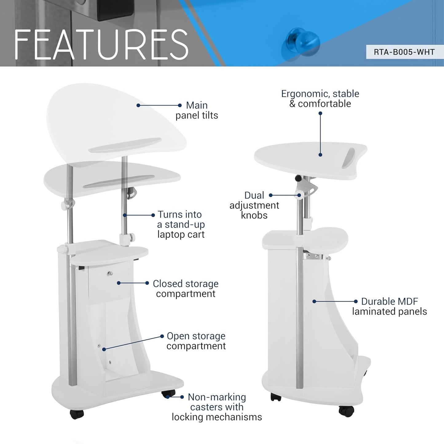 Techni Mobili Adjustable Height Rolling Laptop Cart with Storage, Sit to Stand Desk with Wheels, Podium Stand or Medical Cart, White
