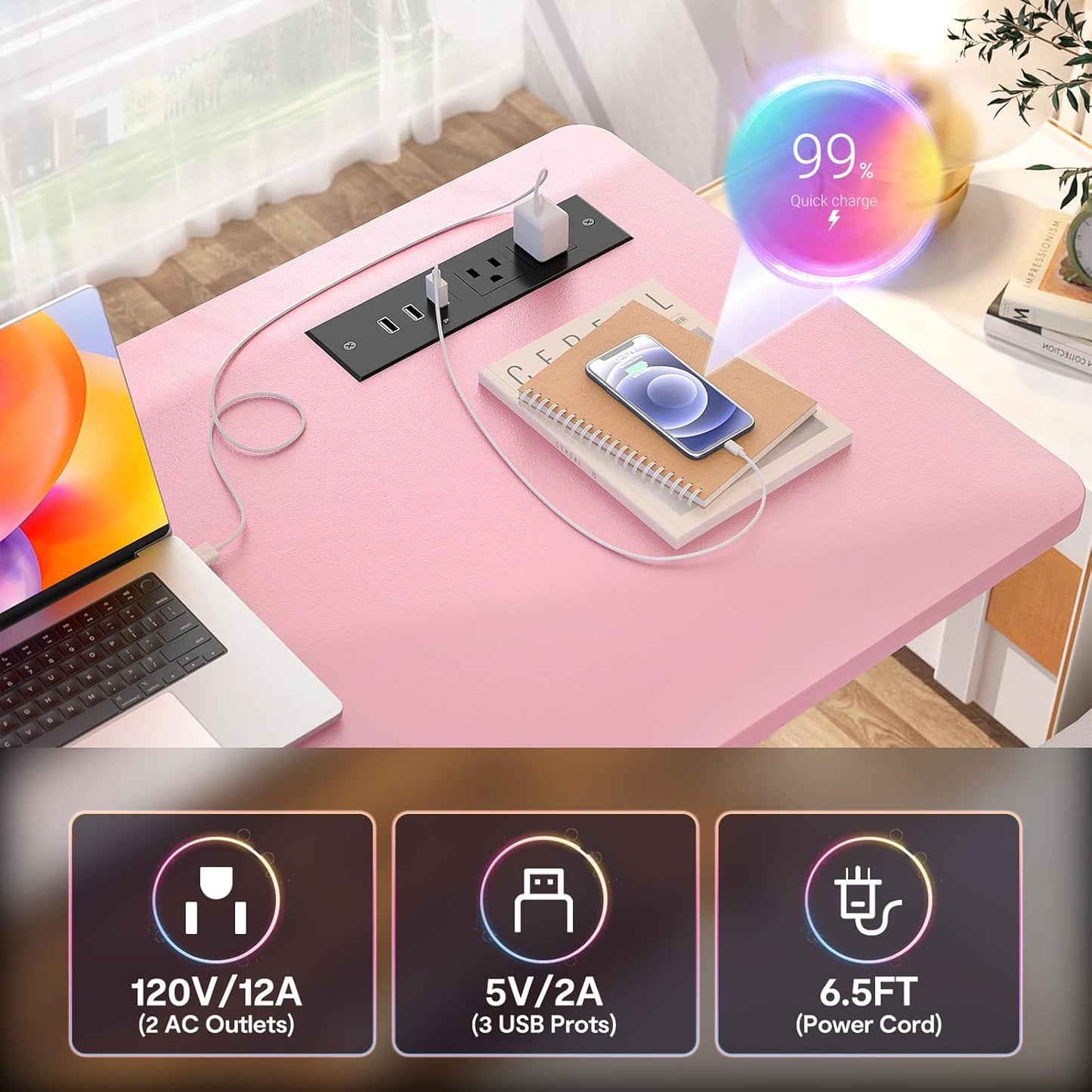 Armocity Height Adjustable Standing Desk with Power Outlets, 32" Manual Stand Up Desk with Storage Shelves Small Mobile Rolling Computer Desk Portable Laptop Table with Wheels for Home Office, Pink