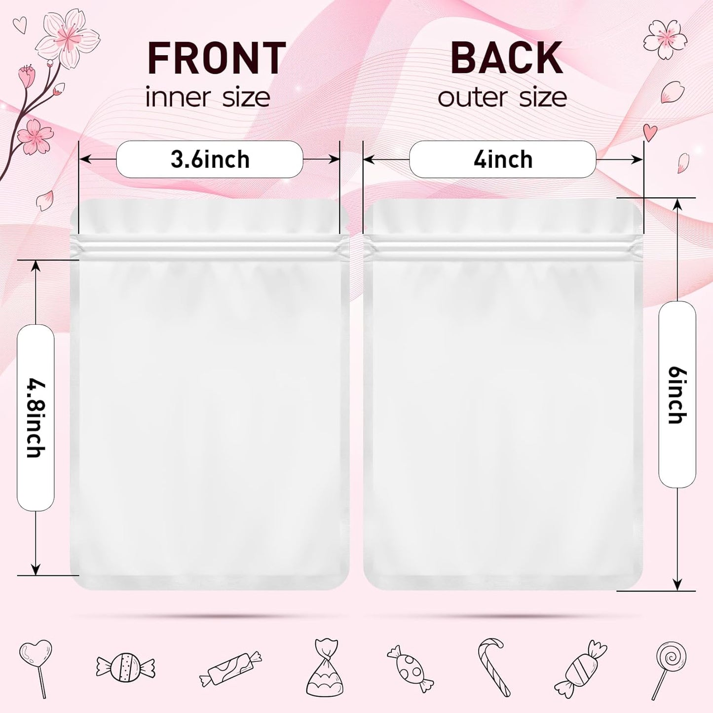Funfery 100 Pack White Mylar Packaging Bags Resealable Bags Double Sided Color Odor Proof Pouch Baggies Smell Proof Foil Bag for Food Storage,Small Business(White,4x6inch)