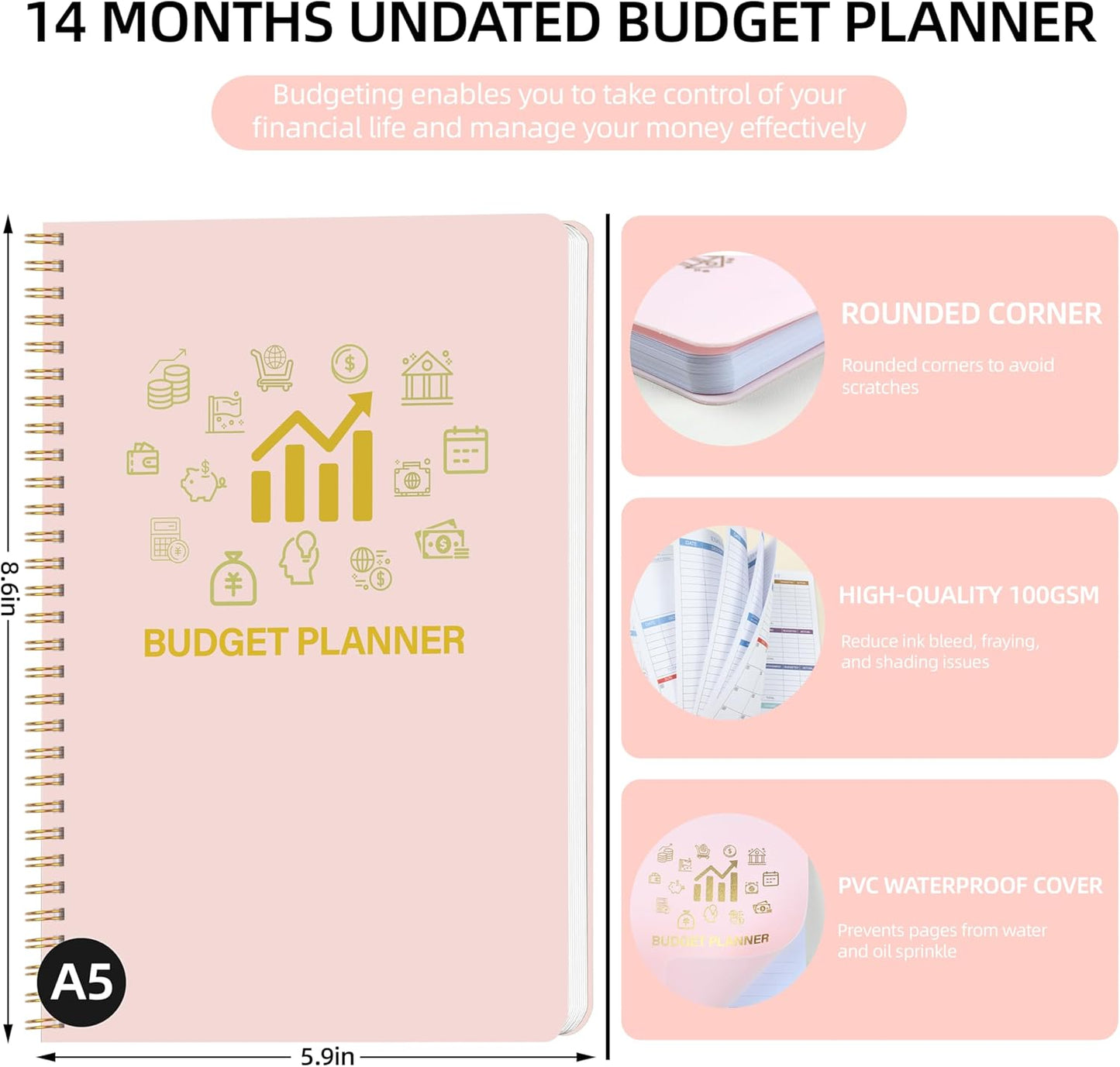 Monthly Budget Planner - 14 Months Undated Financial Planner Organizer Budget Book with Expense and Debt Tracker Notebook to Manage Your Money Effectively, Bill Planner and Organizer