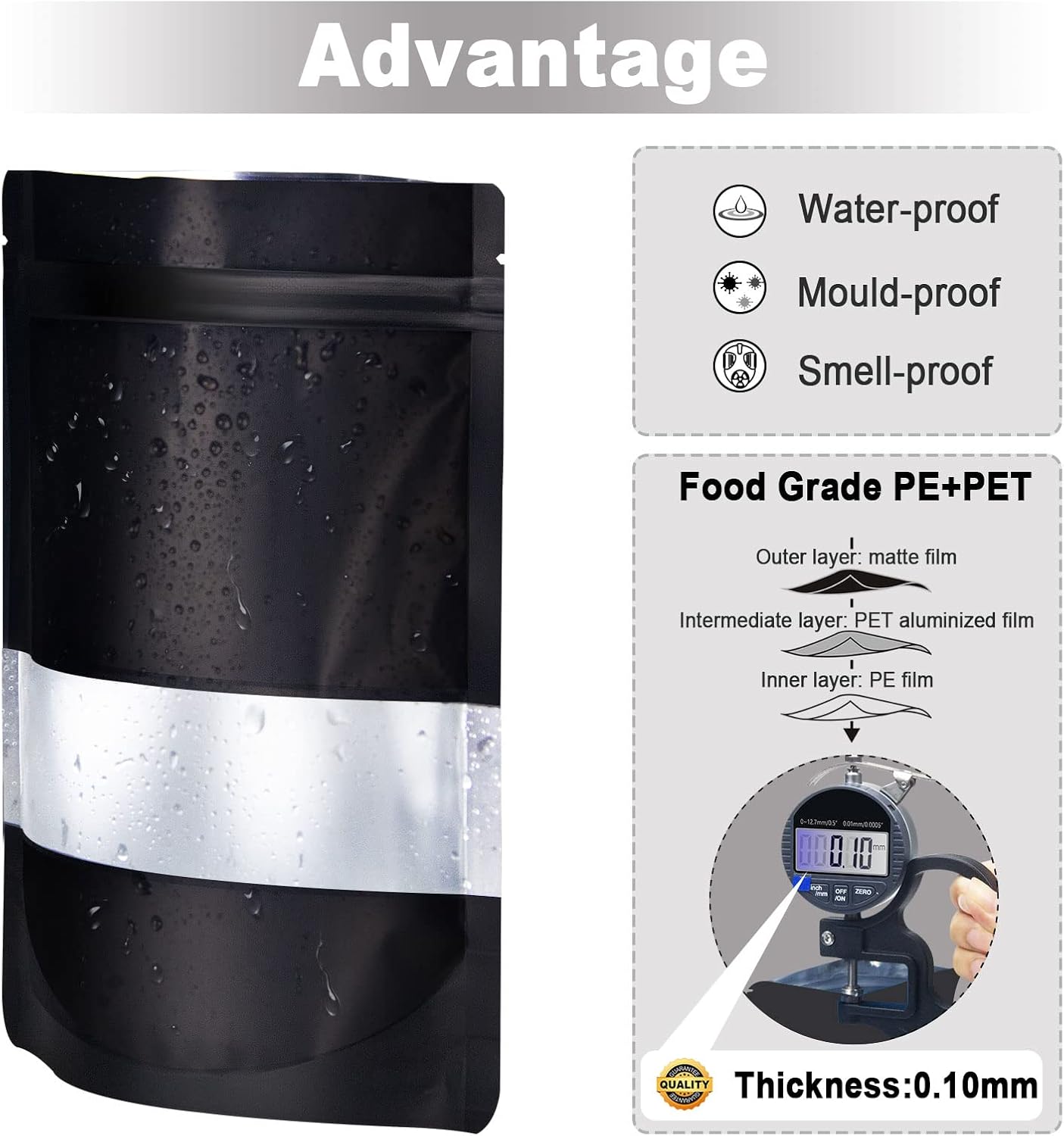 5.9"x8.6" 120pcs Mylar Bags for Food Storage,Smell Proof Bag with Matte Window Resealable Food Storage Bags for Small Business, Stand-up Foil Pouch Packaging Freeze Dried Candy Bag（Black）