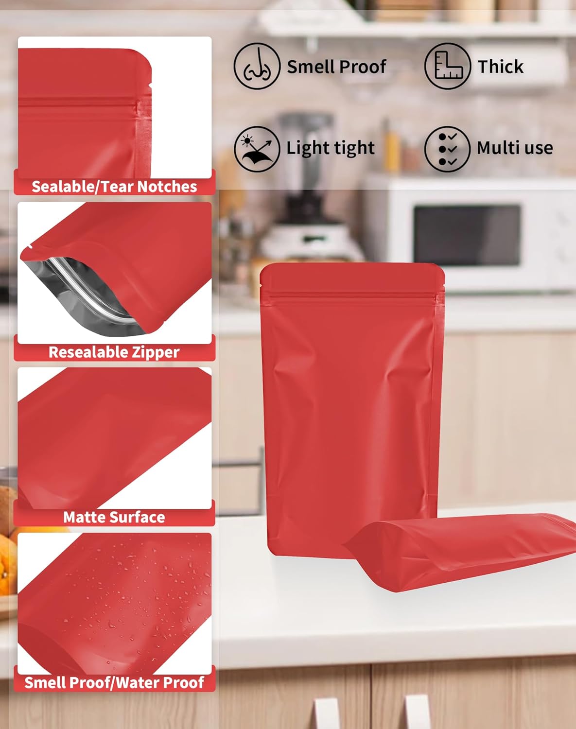 100 Pack Resealable Stand Up Bags,7.1" x 10.2" Smell Proof Pouch Sealable Foil Pouch Bags for Packaging (Red)