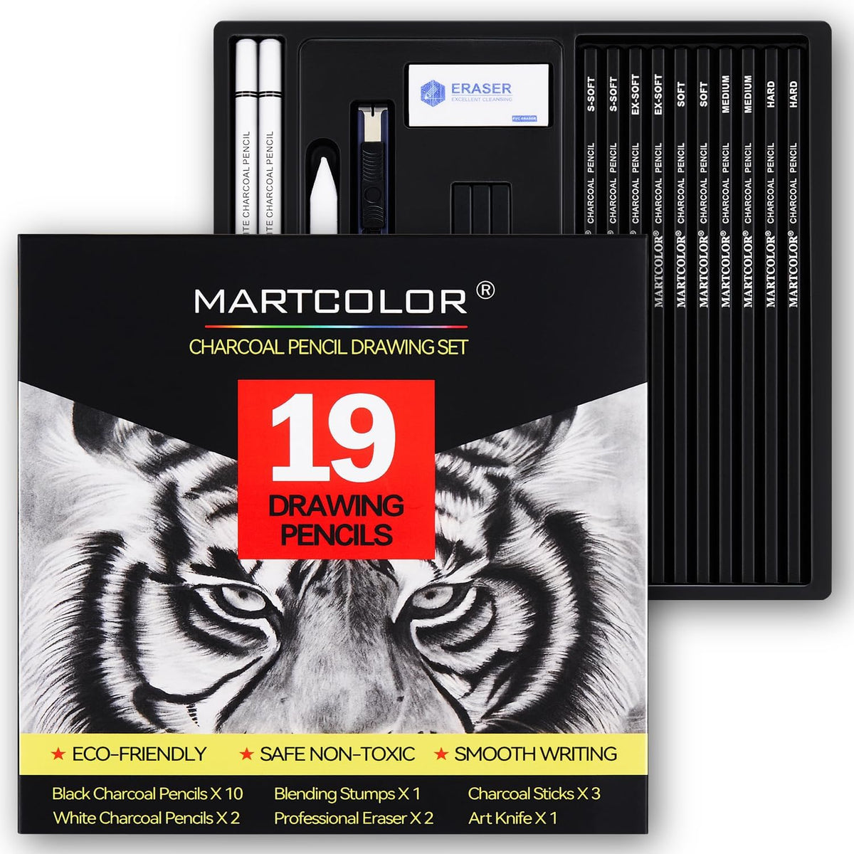 Charcoal Drawing Set, 19 Pieces, Black & White Charcoal Pencils for Drawing, Sketching, Shading, Blending, Artist Pencils for Beginners & Pro Artists