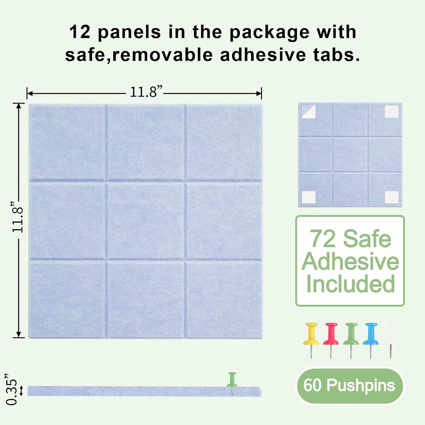 12 Pack Large Cork Board for Walls, 48" X 36" Felt Bulletin Board Tiles with 48 Safe Removable Adhesive Tabs & 60 Push Pin Board Decorative Cork Board Tack Board Wall Organizer for Office - Light Grey