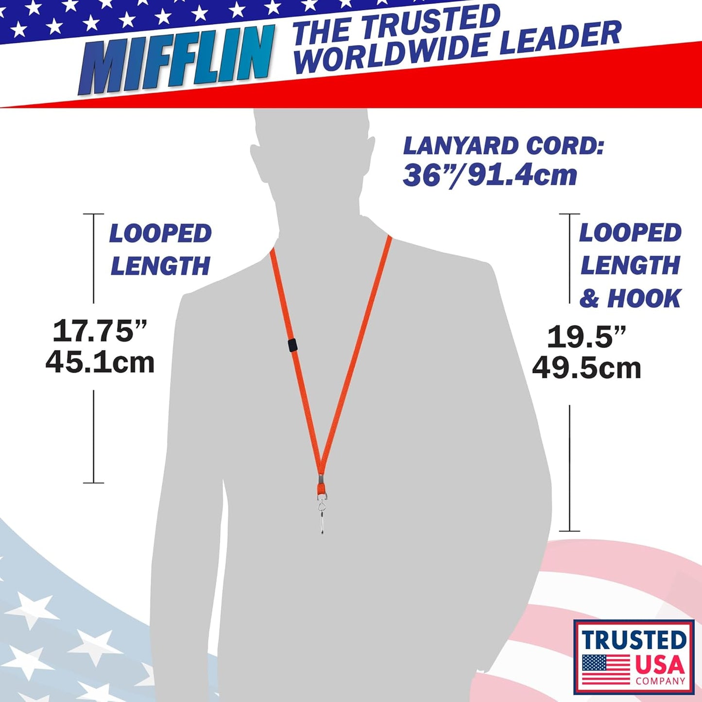 MIFFLIN-USA Flat Breakaway Safety Lanyard for ID Badges (Orange, 36 Inch, 100 Pack), Soft Woven Neck Line