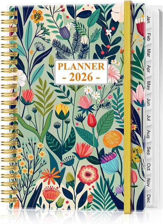 2026 Planner - Planner 2026 from January 2026 - December 2026, Weekly & Monthly Planner Spiral Bound with 12 Monthly Tabs, Inner Pocket, 6.4" x 8.5", Flower-E