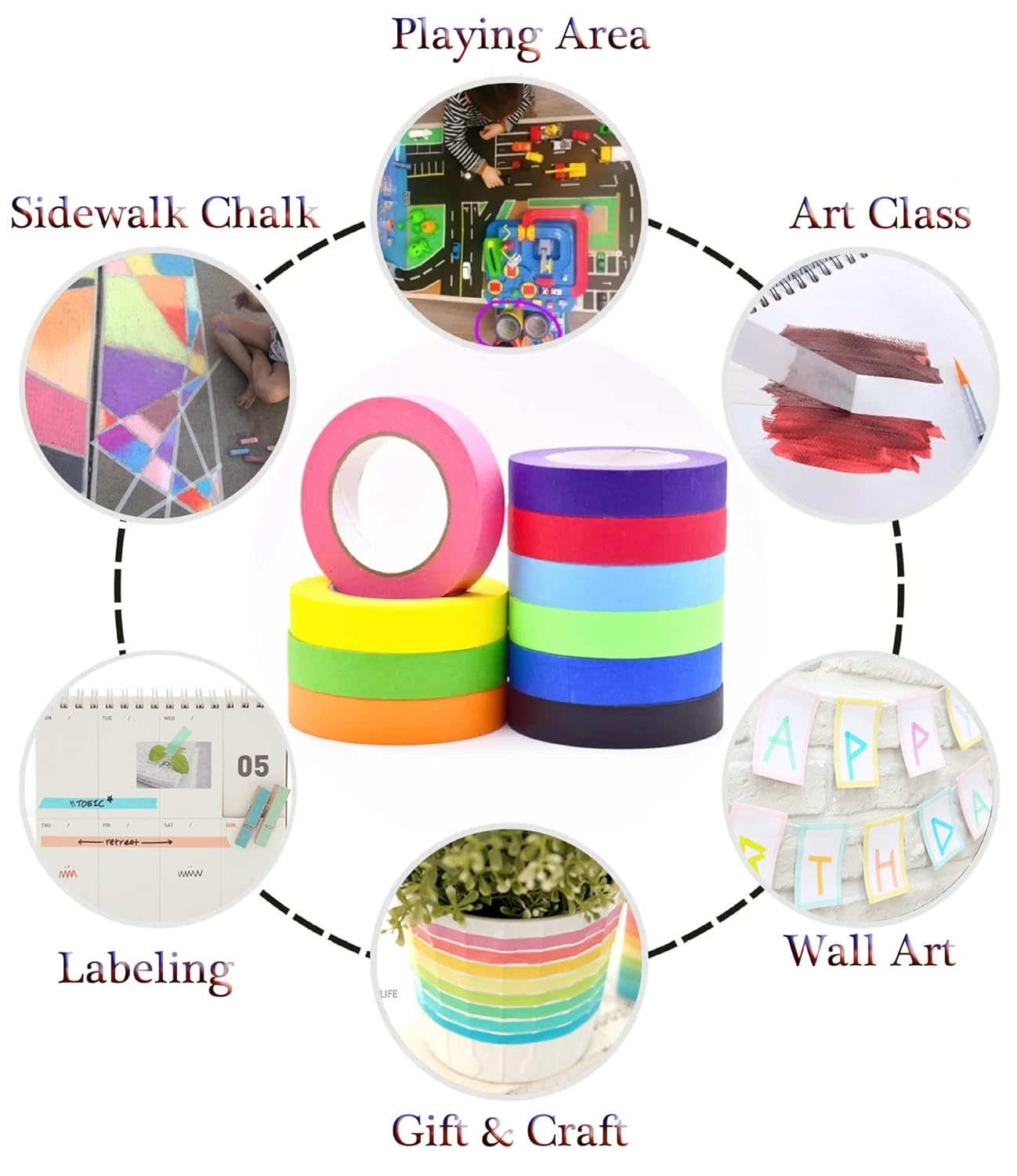 LLPT Colored Masking Tape 6 Rolls Craft Tape Total 276 Feet x 3/4 Inch Vibrant Color Painters Tape for Decorative Arts Crafts Paint Color Coding Labeling (PT1906)