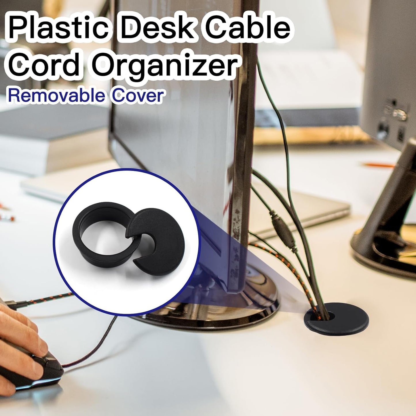 2pcs 1-3/4 Inch Desk Grommet, Plastic Desk Hole Cover, Black Cable Hole Cover, Desk Hole Grommet for Wire Cord Organizing Office Computer Desk