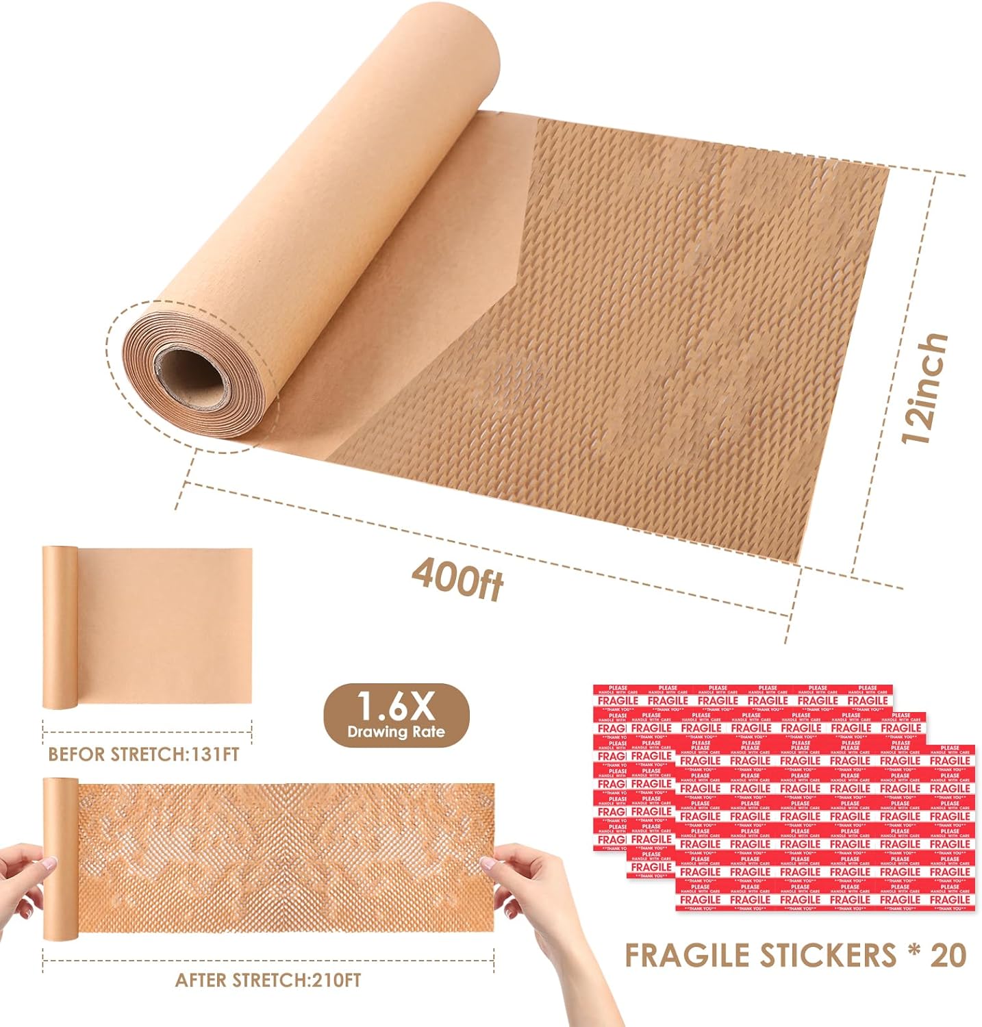 Honeycomb Packing Paper 12"Wx400'L-Bubble Wrap Substitute Alternative for Shipping, Moving Supplies, Small Business Packaging, Packing Boxes & Gifts Wrapping Paper with 20 Fragile Stickers