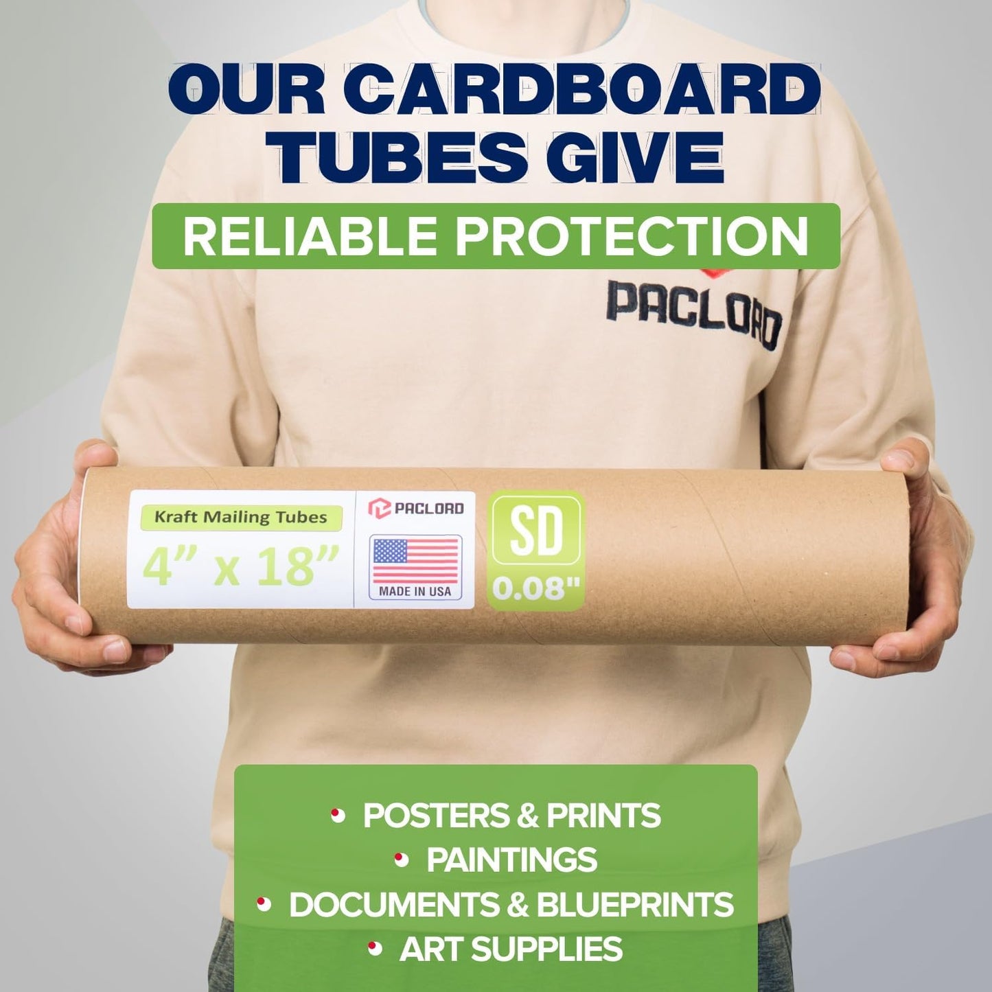 4" x 18" Reinforced Kraft Paper Mailing Tube, Pack of 1 Tube with 2 Caps – Secure USPS Approved Poster Tube – Cardboard Tube for Shipping and Storing of Posters, Prints, Artwork, or Documents