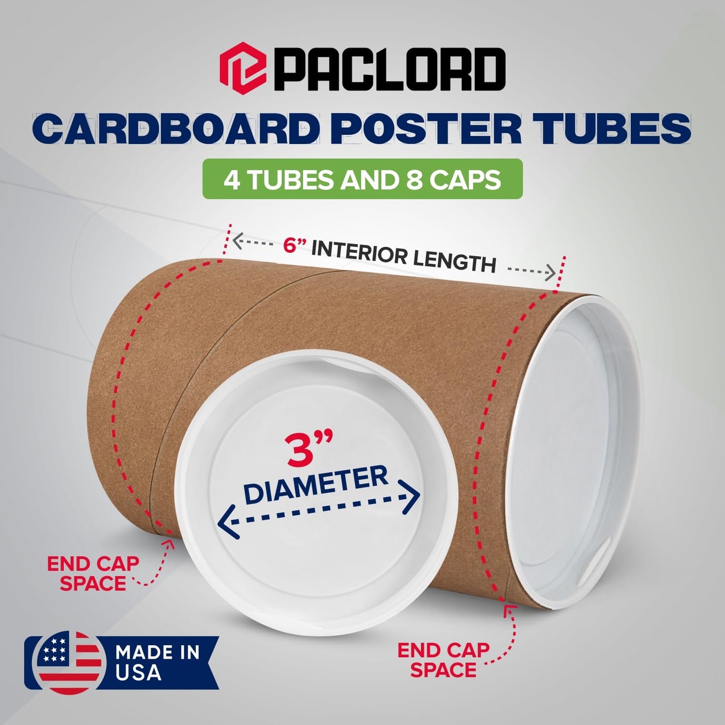 3" x 6" Reinforced Kraft Paper Mailing Tubes, Pack of 4 Tubes with 2 Caps Each – USPS Approved Poster Tube – Made in USA Cardboard Tube for Shipping and Storing Posters, Prints, Artwork, or Documents