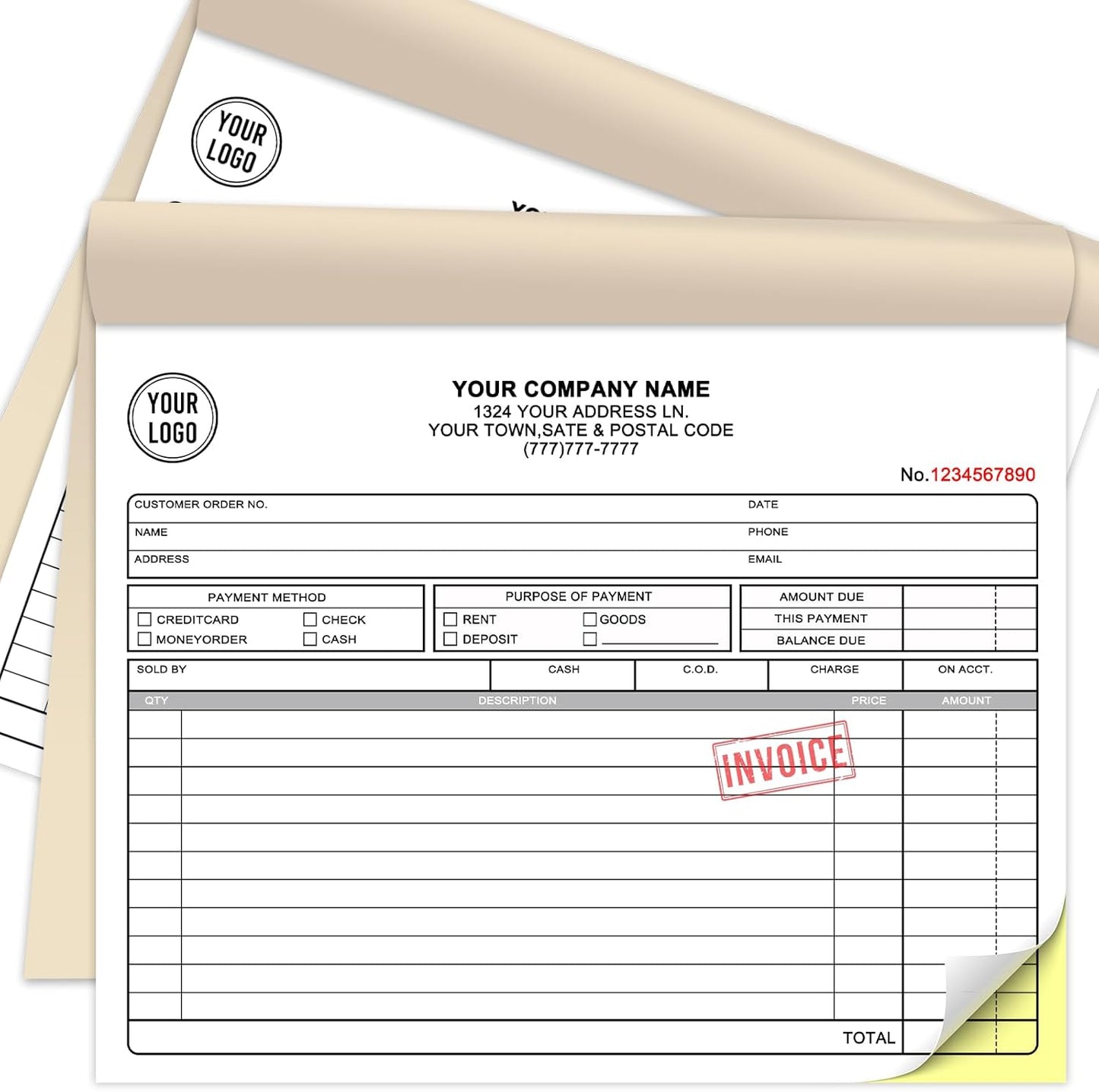 Custom Sales Invoice Personalized Carbonless NCR Forms with Company Name/Logo Personalized Invoice, Receipt Book, Work Sales Purchase Orders, Estimates, Quote Forms 8.5" x 7" - 2 Part(100 Sets)