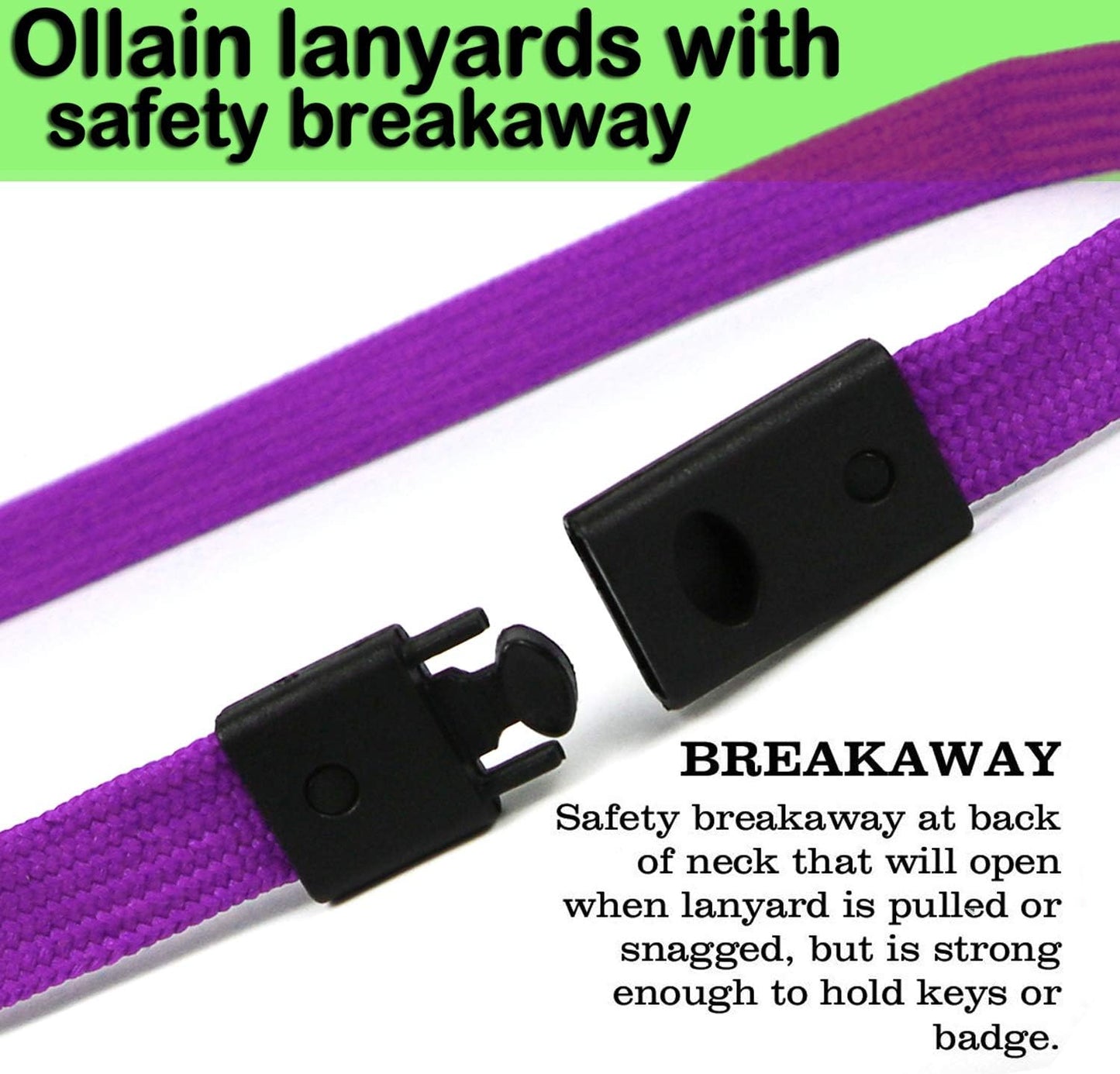 Safety Breakaway Lanyard with J-Hook Flat Lanyards for ID Badges - Bulk Pack of 50 (Purple)
