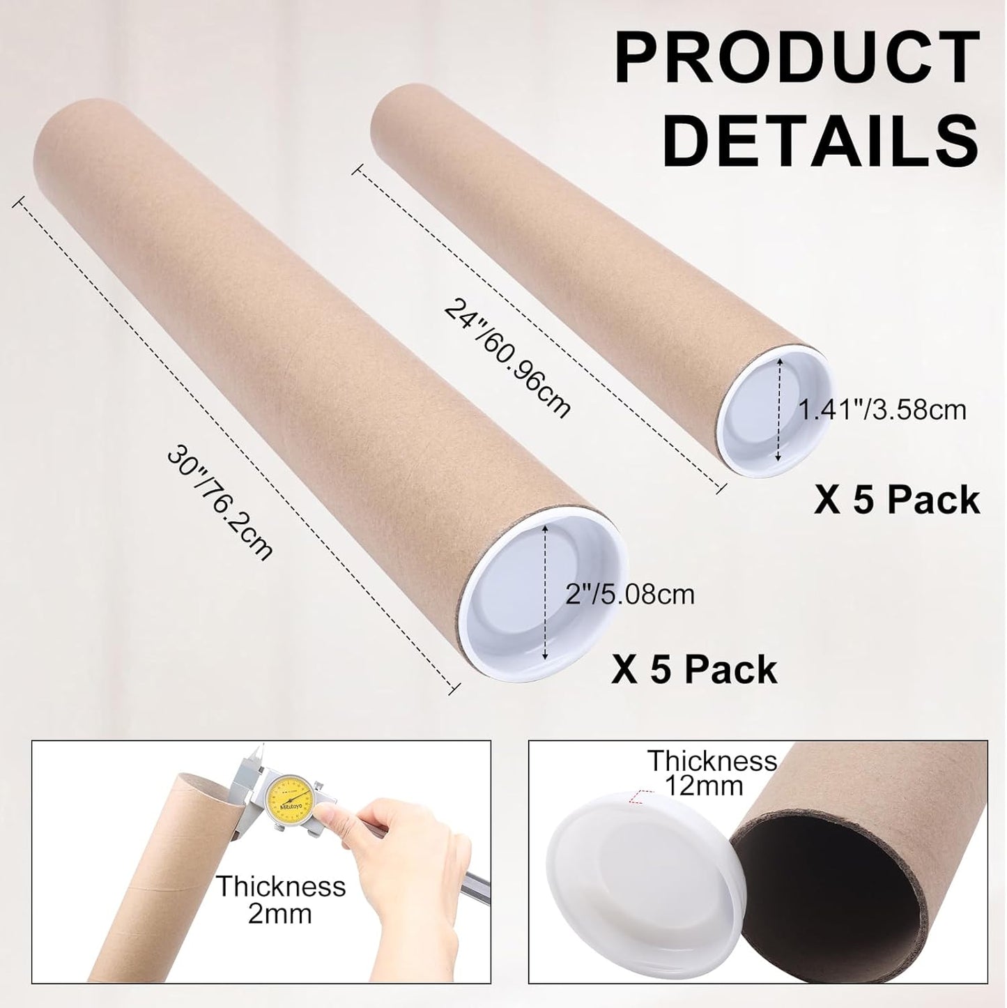 Mailing Tubes with Caps, 5 Pack 2x30-Inch + 5 Pack 1.5x24-Inch Kraft Paper Poster Tube for Shipping, Packing, Bulk Round Packaging, Cardboard Mailers, Art Prints, Maps, Blueprint