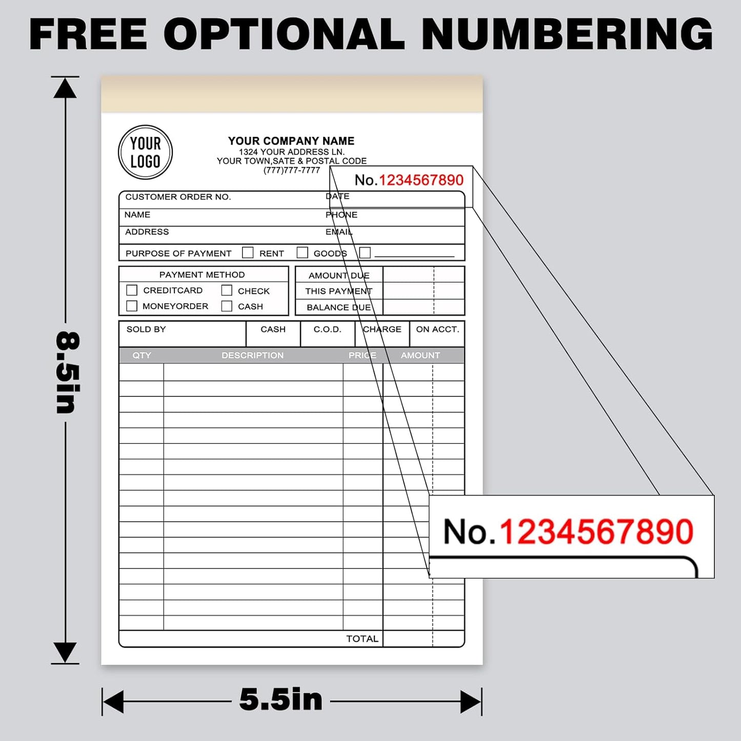 Custom Sales Invoice Personalized Carbonless NCR Forms with Company Name/Logo Personalized Invoice, Receipt Book, Work Sales Purchase Orders, Estimates, Quote Forms 5.5" x 8.5" - 3 Part(150 Sets)