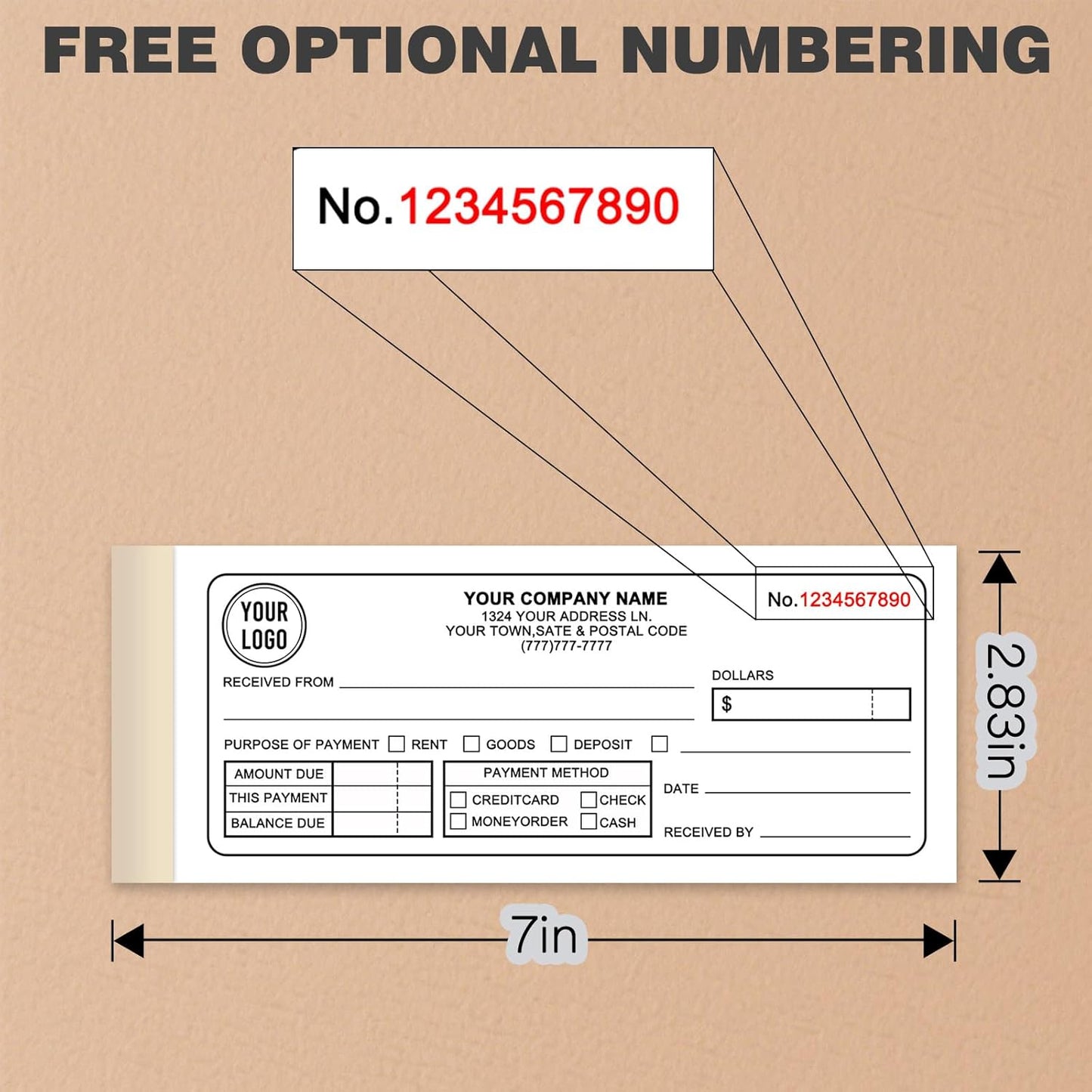 Custom 2.83" x 7" Invoices Receipts Carbonless Books in 2-Part Duplicate Personalized Company Address Name Phone Number 100 Sets