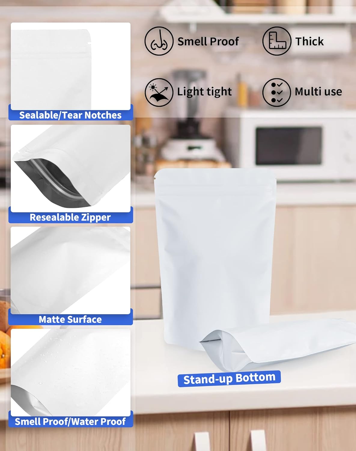 100 Pack Resealable Stand Up Bags,5.5" x 8.6" Smell Proof Pouch Sealable Foil Pouch Bags for Packaging (White)