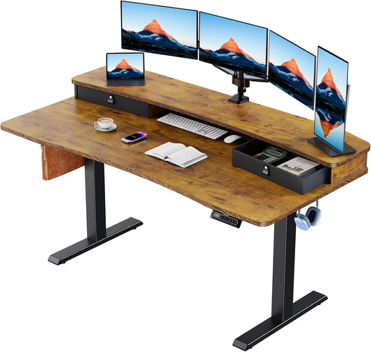 HUANUO 60″ x 30″ Electric Standing Desk with 2 Drawers, C-Clamp Mount Compatible, Height Adjustable Computer Desk, Home Office Stand Up Desk with 4 Preset Heights & 2 Hooks, Vintage Brown
