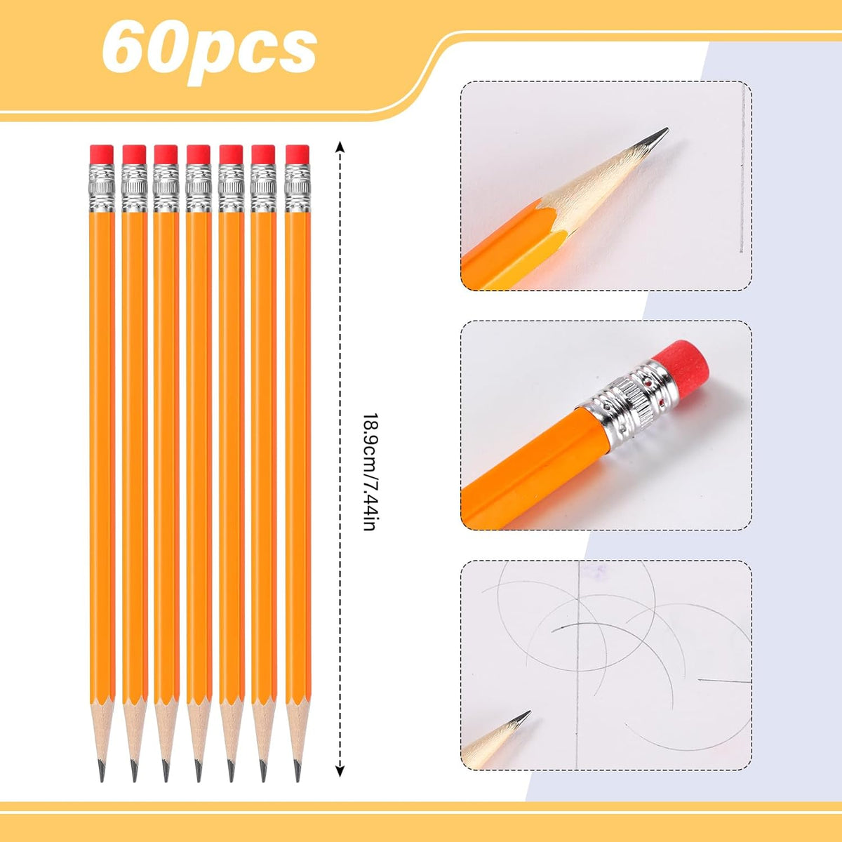 TecUnite 60 Pcs HB Pencils #2 Unsharpened Wood Cased Pencils with Eraser Hexagonal Pencil Cute Graphite No 2 Pen for Adults Gifts Exam School Office Sketching Learning(Yellow, Silver)