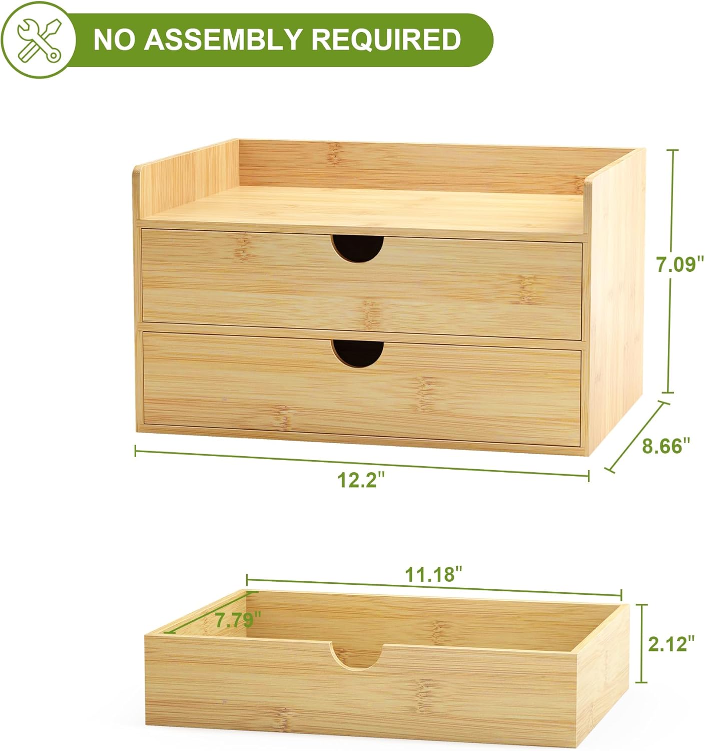 Desk Organizer With Drawers - Bamboo Wood Desktop Mail Organizer Storage Box for Office Home Bathroom Vanity Dresser Top, No Assembly Required (2 Drawer)