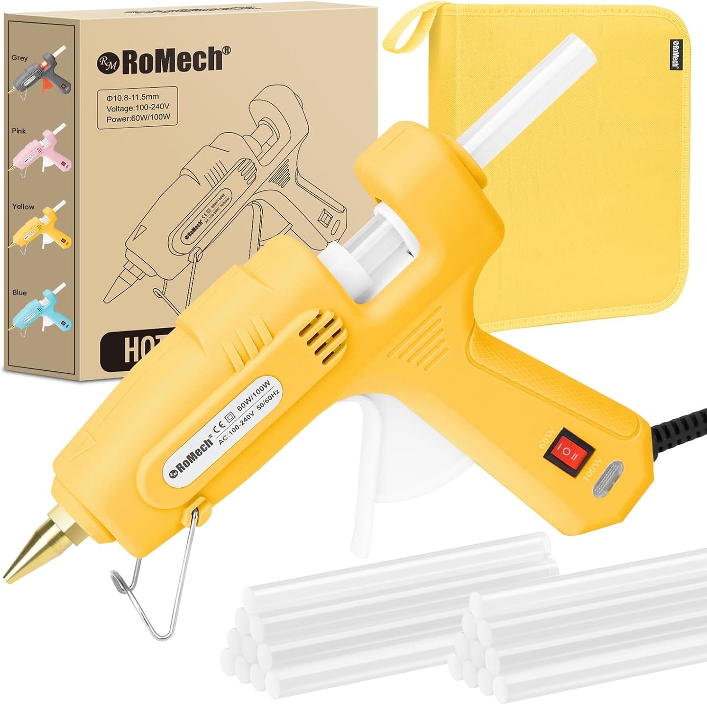 ROMECH Full Size Hot Glue Gun with 60/100W Dual Power and 21 Hot Glue Sticks (7/16"), Fast Preheating Heavy Duty Industrial Gluegun with Storage Case for Crafting, DIY and Repairs (Yellow)