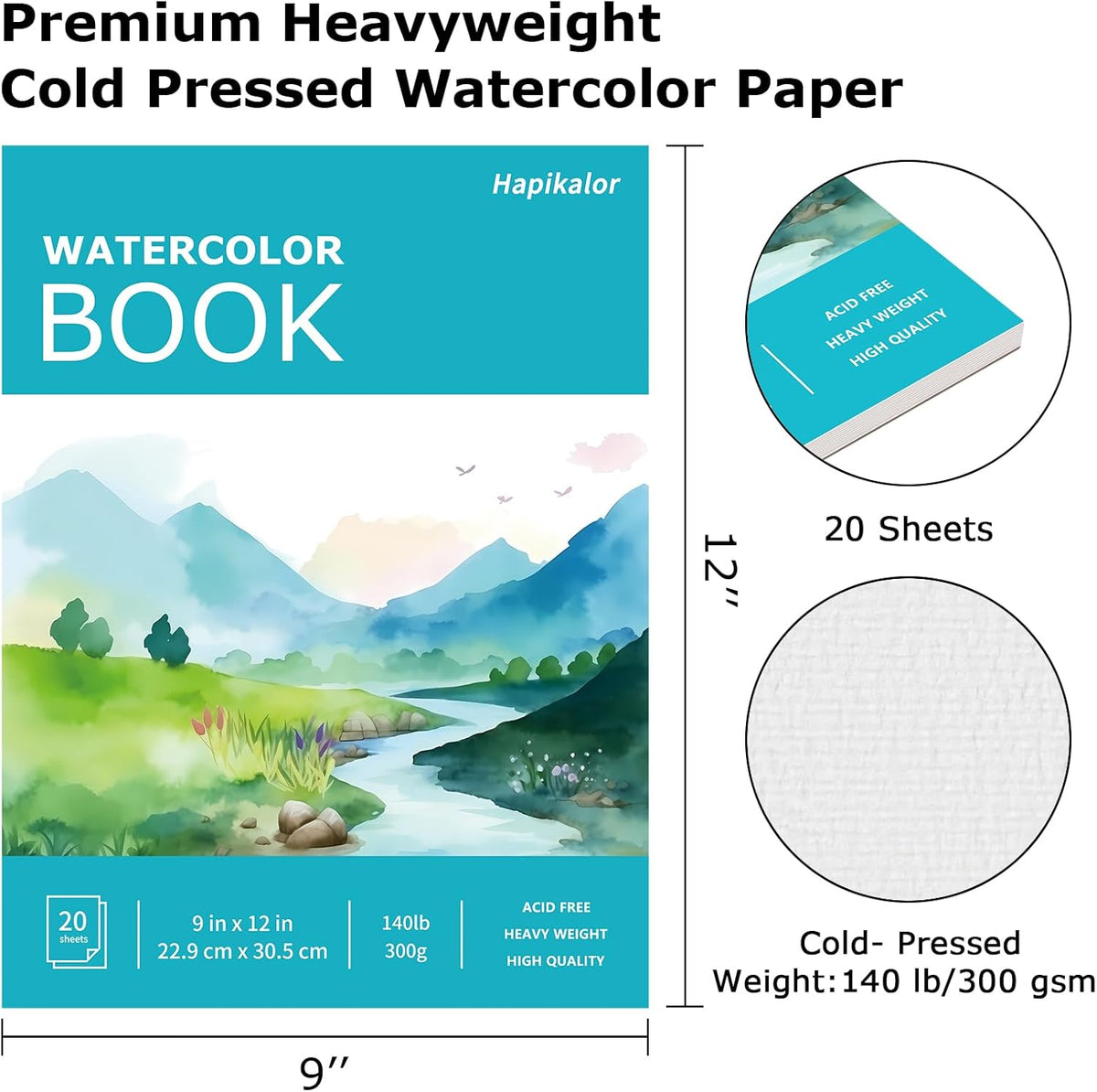 Hapikalor 2-Pack 9"x12"Watercolor Paper Pad, Bulk School Supplies for Kids, Teacher Classroom Must Have, Art Watercolor Paper, Arts & Crafts, Watercolor Pad for Finger Paint, Watercolor Pens, Teal