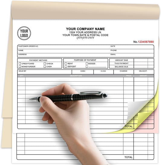 Custom Invoice Receipt Book for Small Business 8.5x7" Personalized 3-Part Contractor Duplicate Carbonless Sales Forms with Company Name Address Phone Number 150 Sets