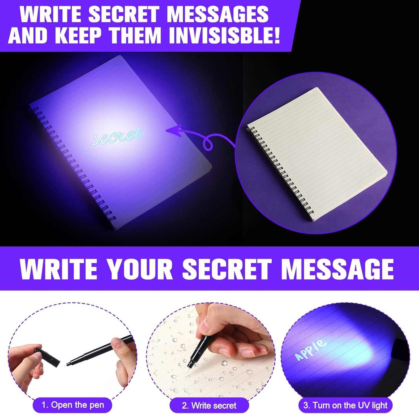 Tegeme 8 Pcs Black Light Markers Set 4 Invisible Ink Pen 4 Mini UV Flashlights Invisible Ink Marker Disappearing Pen for Class Prizes Spy Gift Party Favors (Black)
