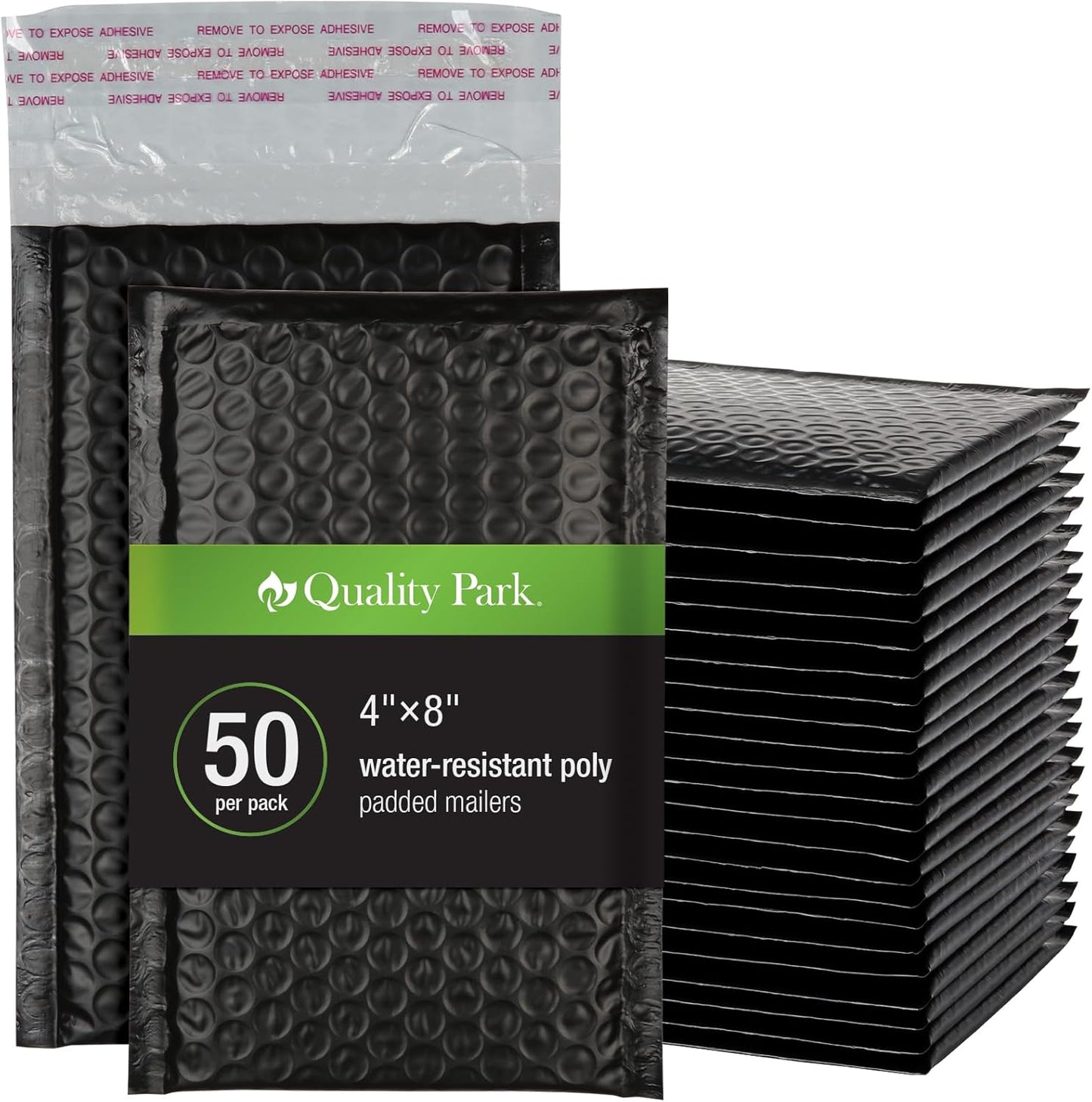 Quality Park Bubble Mailers, 4 x 8 Shipping Envelopes, Self-Seal, Small Black Padded Envelopes, Redi-Strip Peel Off Closure, 50 Per Box (1002352)