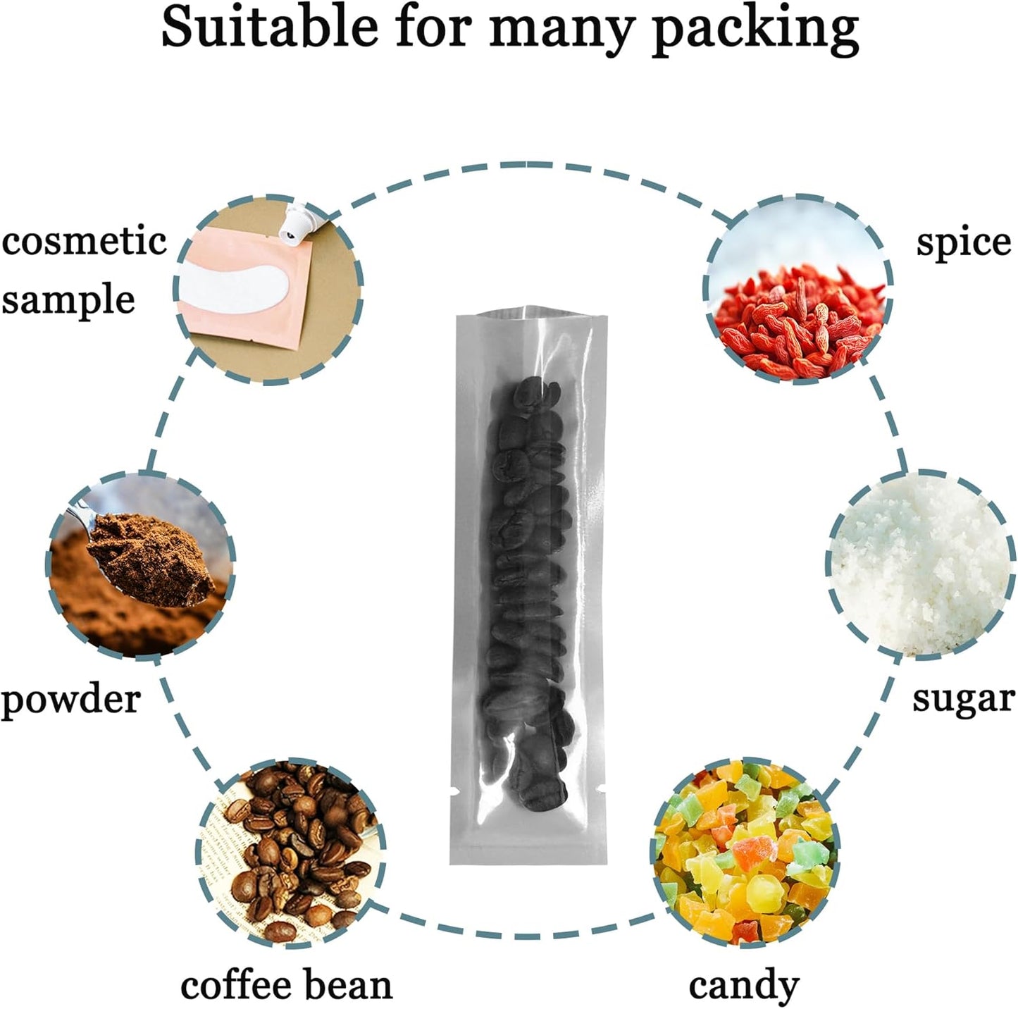 PABCK 500 Pcs 1.57x6.5 inch (inside size 1.18x6.1 inch) Clear Front Vacuum Heat Sealable Foil Bag Mylar Packets for Travel Sample Packaging Spice Candy Chololate Coffee Food Storage Aluminum Pouch