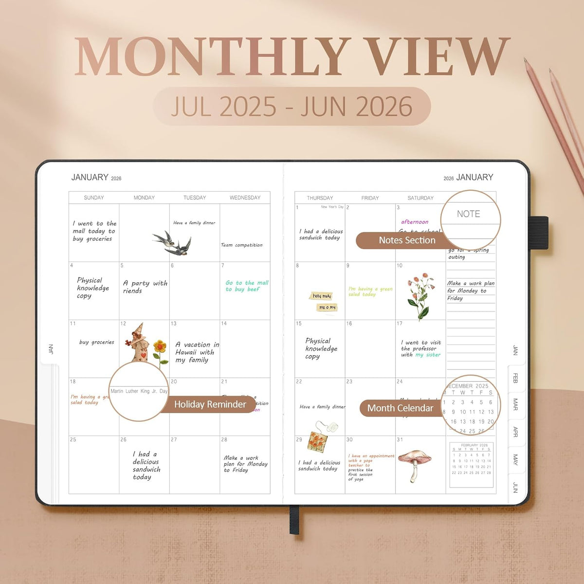 Planner 2025-2026, Academic Linen 2025-2026 Monthly Planner July 2025 to June 2026, Weekly & Daily Organizer with Tabs, Note Pages, Hardcover 5.65" x 8.15"- Ideal for School, Work & Productivity-Black