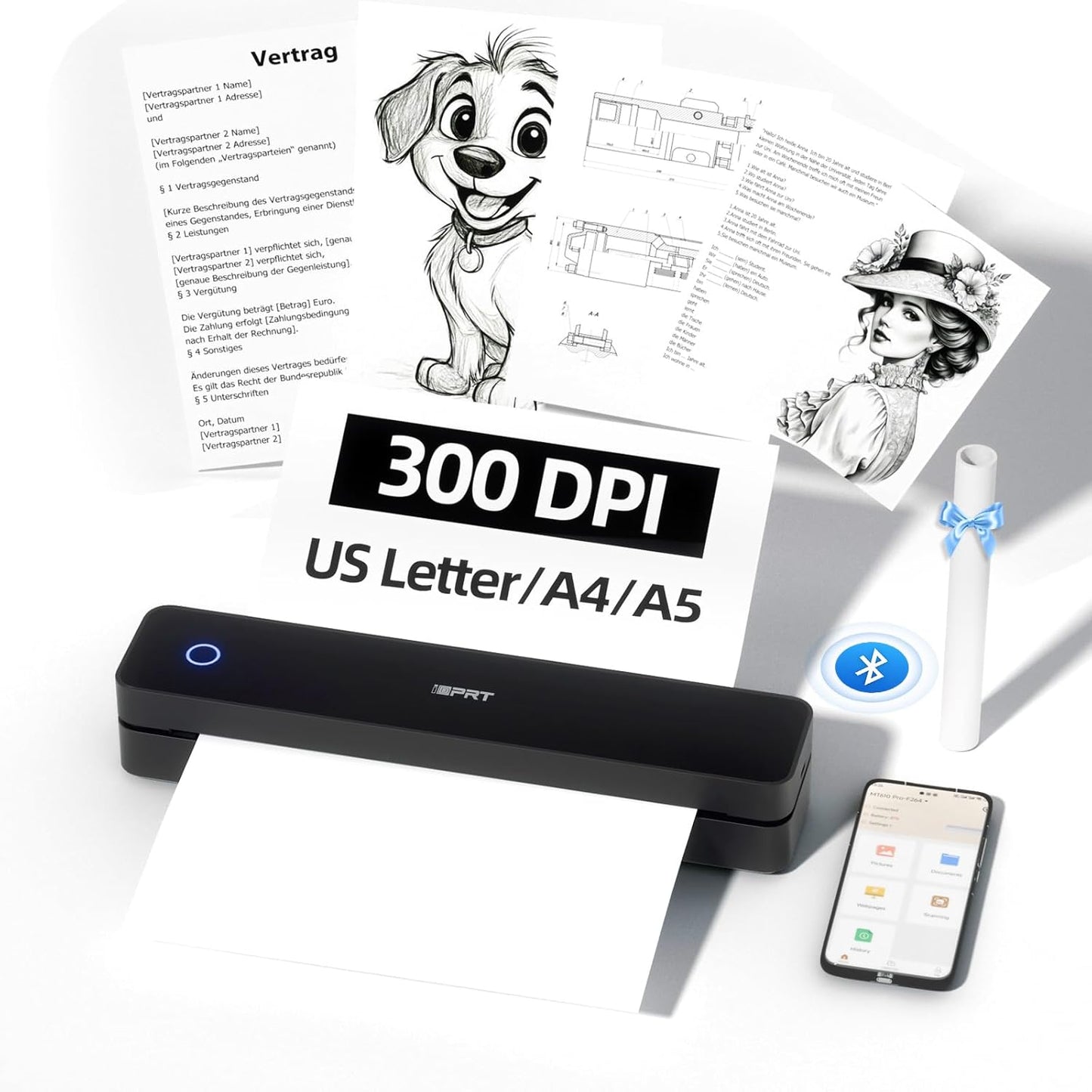 iDPRT Portable-Printer Wireless for Travel, 300DPI Inkless Thermal Small Printers for Home Use, Office, Vehicles, Mobile Bluetooth Printer Supports 8.5" x 11" US Letter, for Smartphone & PC,Dark Black
